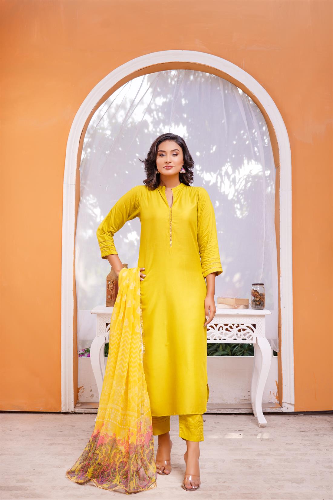 Mehndi Chiffon Linen Suit