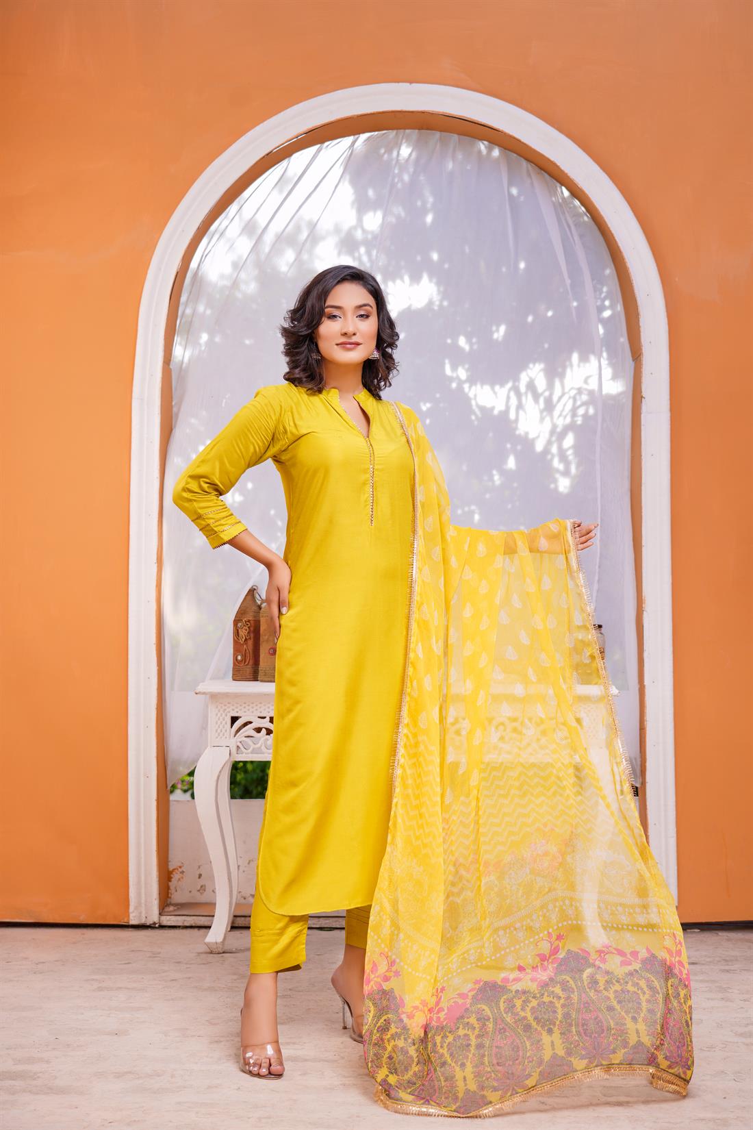 Mehndi Chiffon Linen Suit
