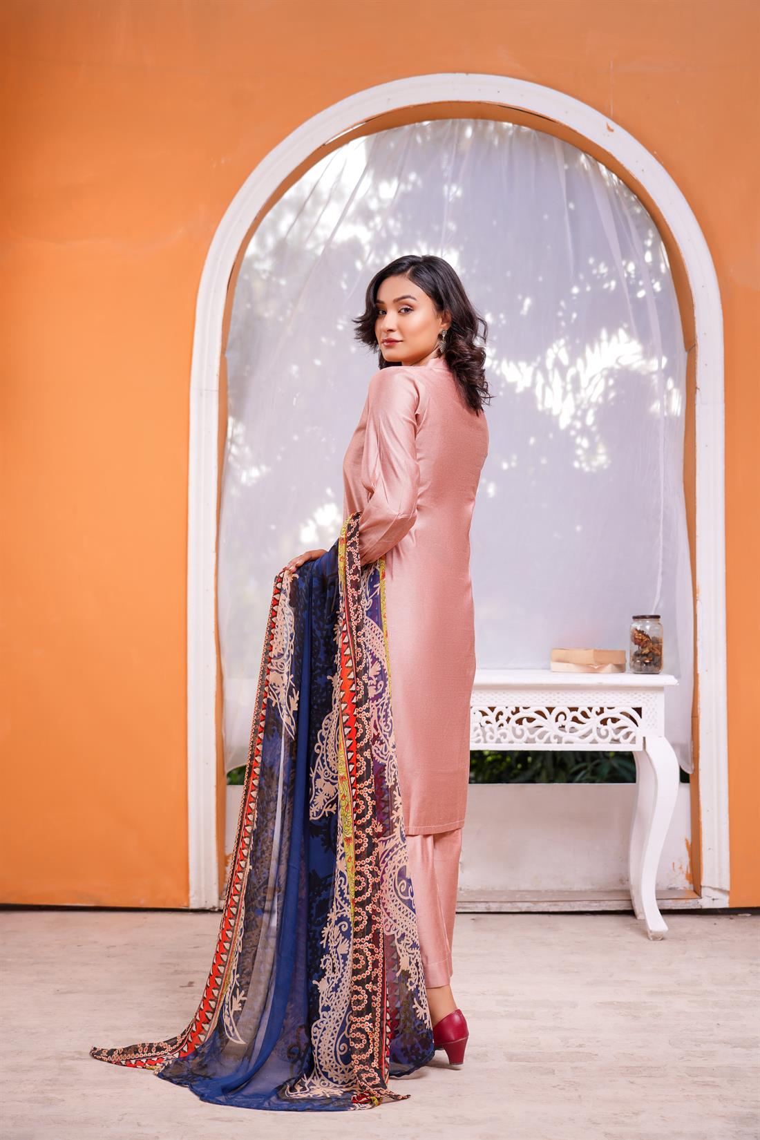 T.pink Digital Print Chiffon Khaddi Cotton Fabric Suit