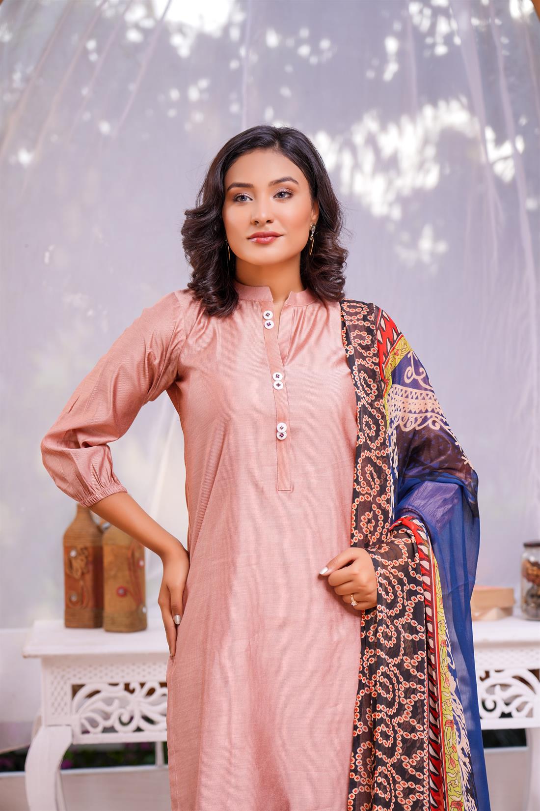 T.pink Digital Print Chiffon Khaddi Cotton Fabric Suit