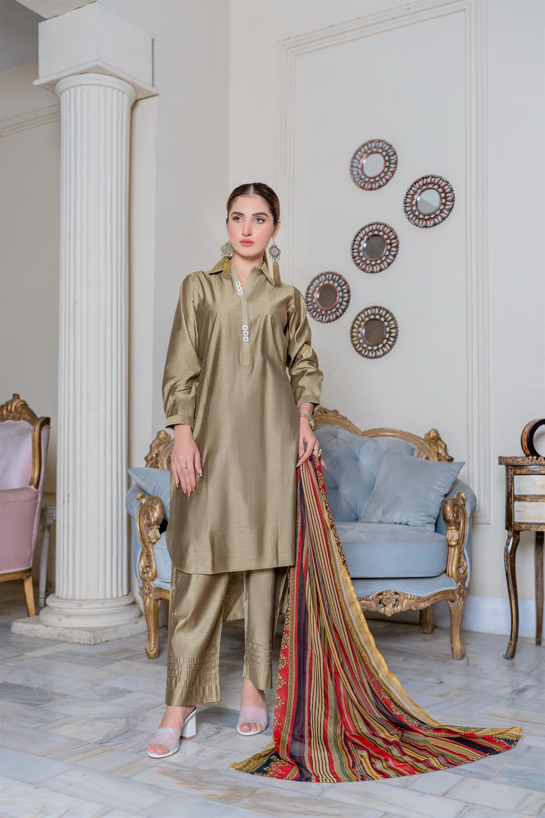 Olive Digital Print Chiffon Ladies Readymade