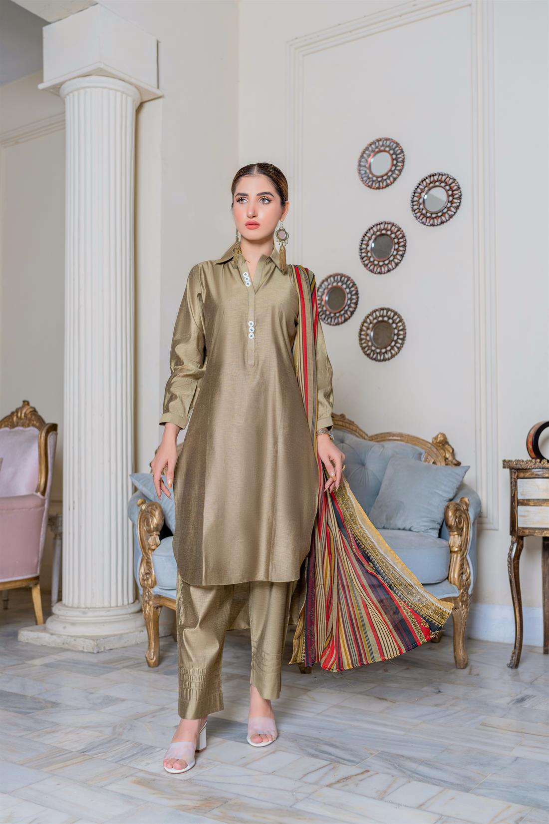 Olive Digital Print Chiffon Ladies Readymade