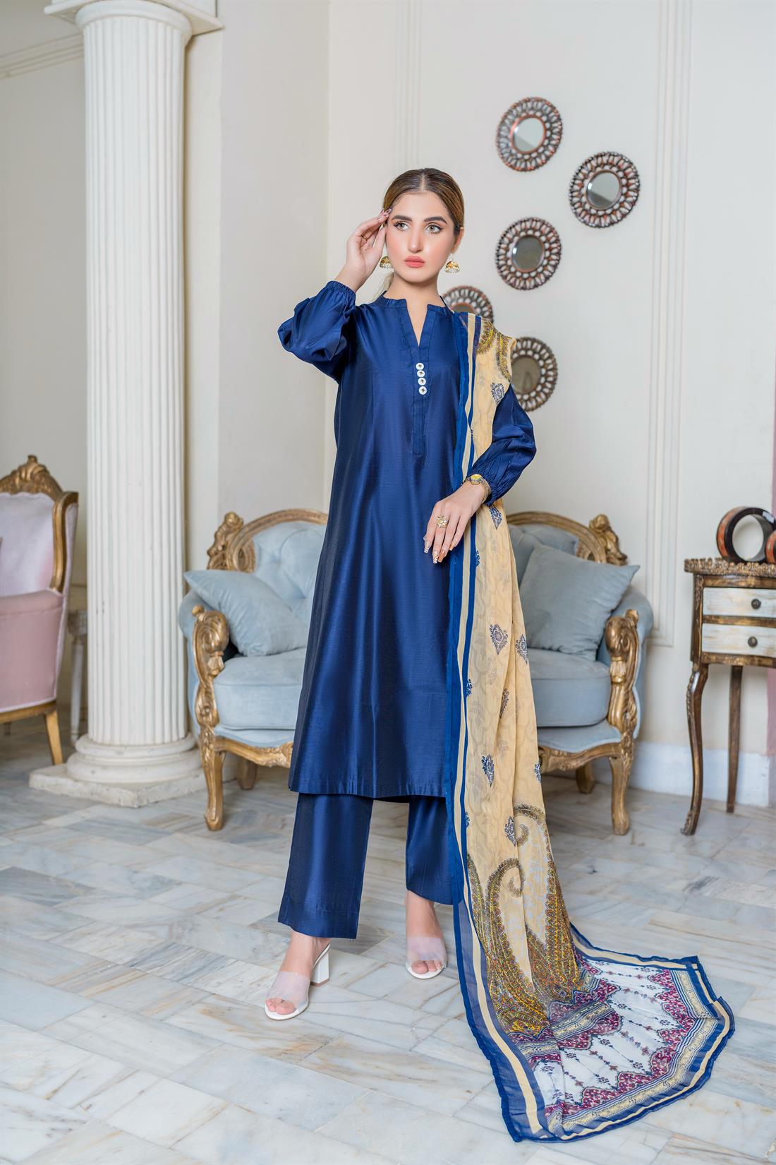 Navy Blue Digital Print Chiffon Ladies Readymade