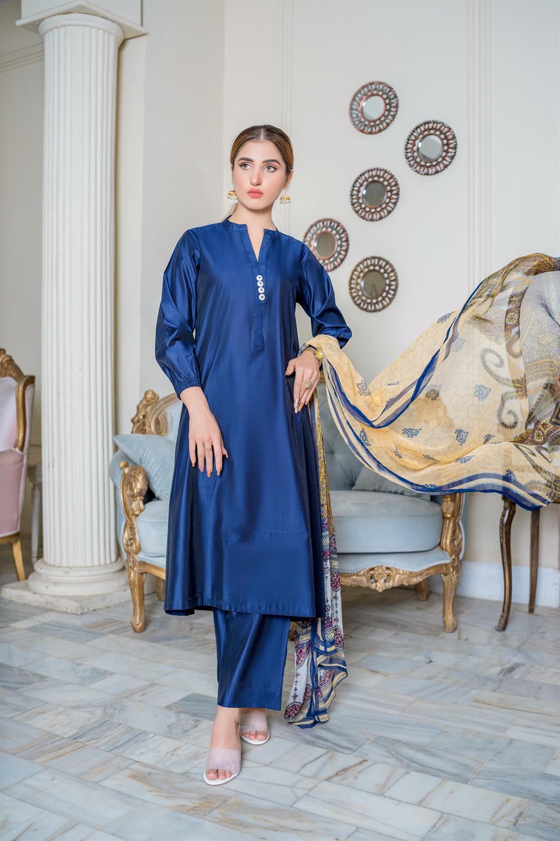 Navy Blue Digital Print Chiffon Ladies Readymade