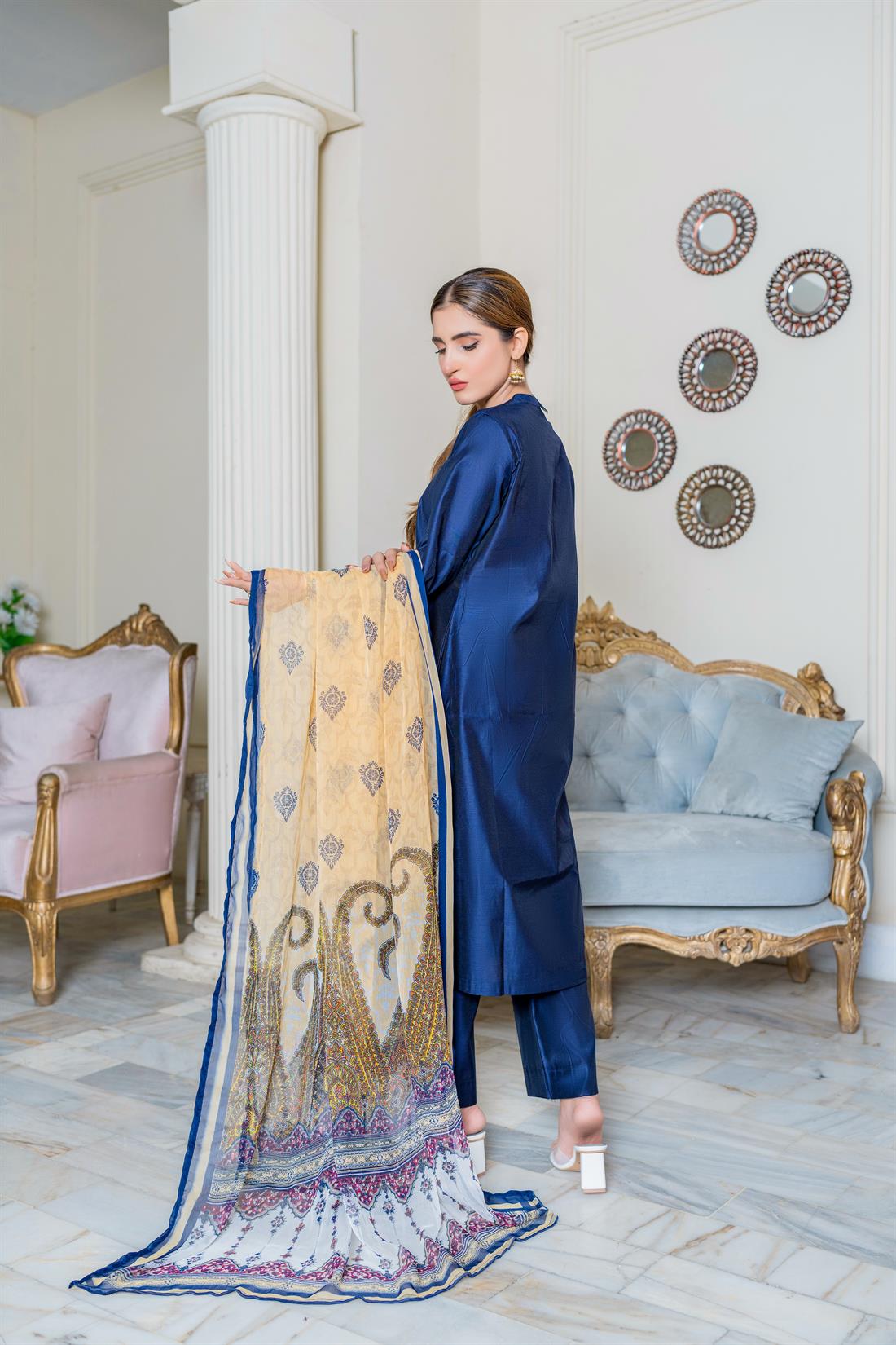 Navy Blue Digital Print Chiffon Ladies Readymade