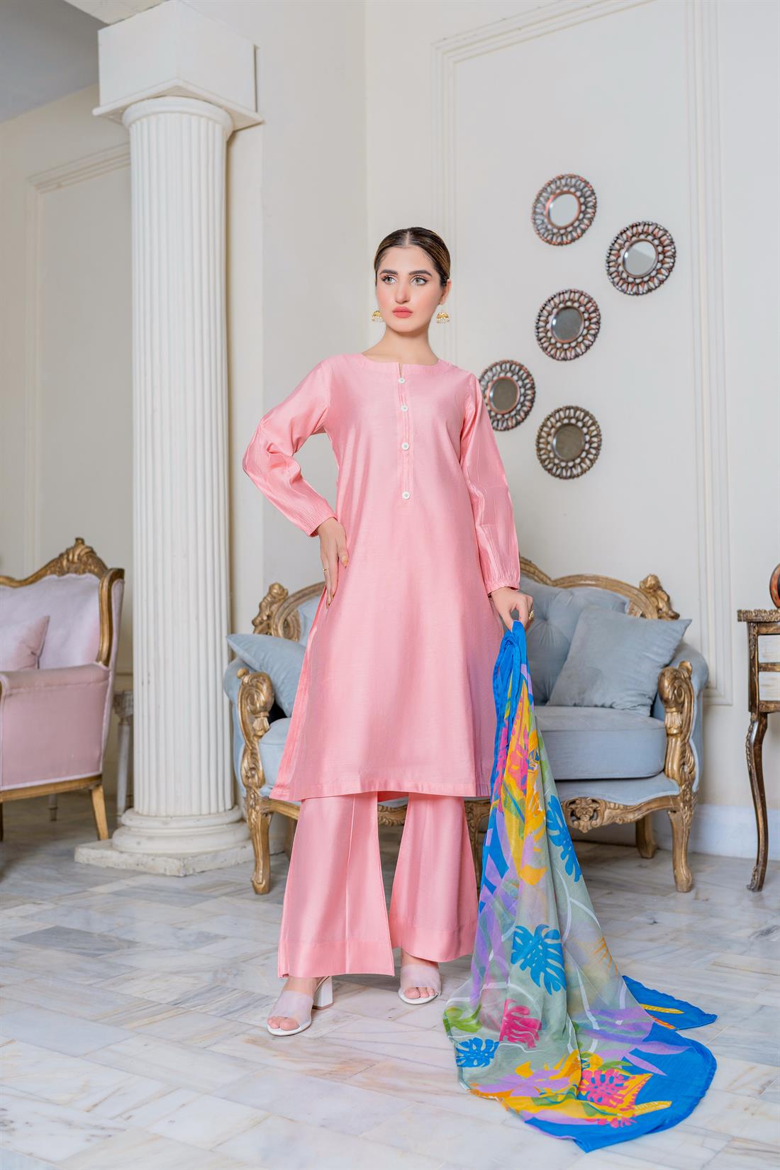 Blush Pink Digital Print Chiffon Ladies Readymade