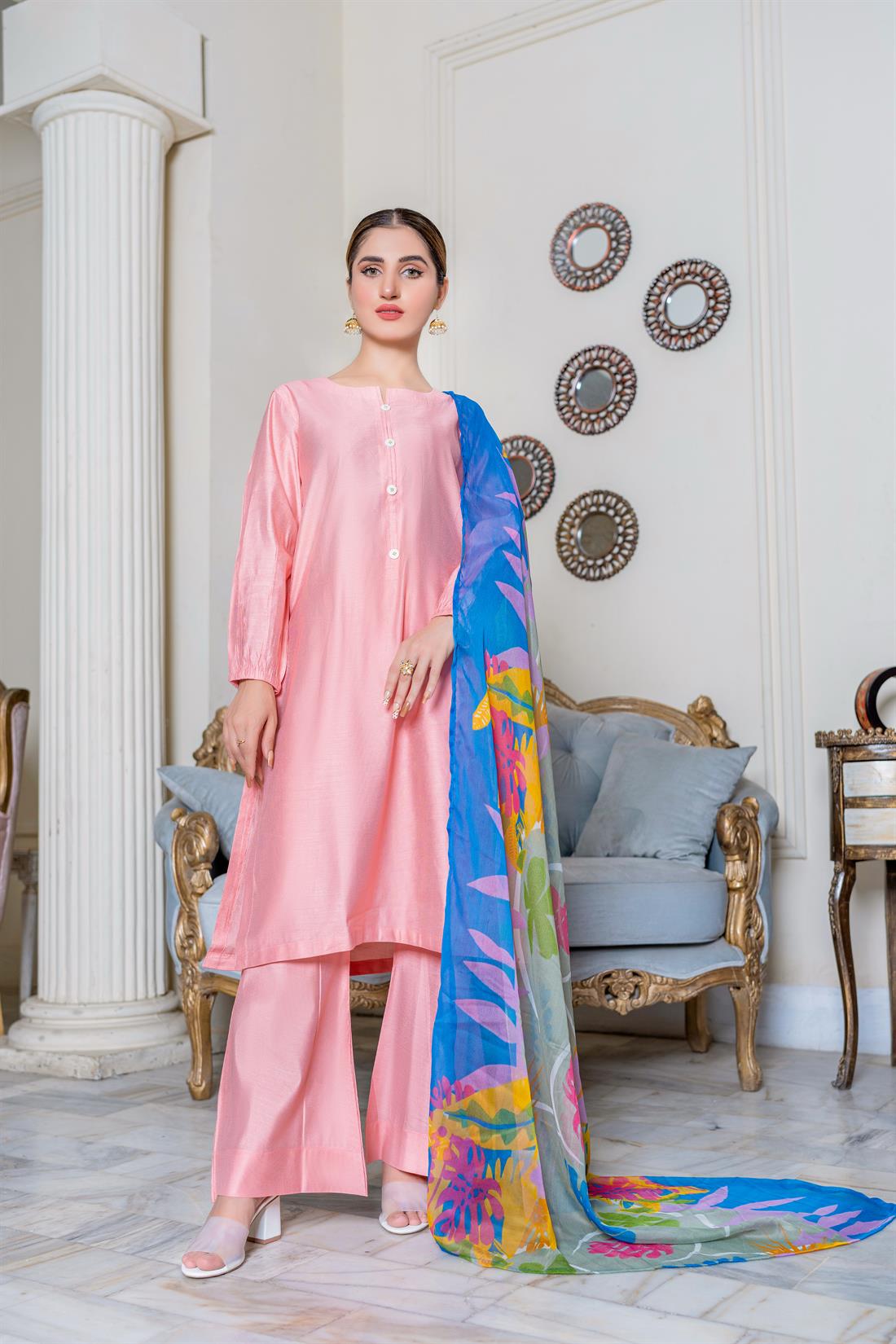 Blush Pink Digital Print Chiffon Ladies Readymade