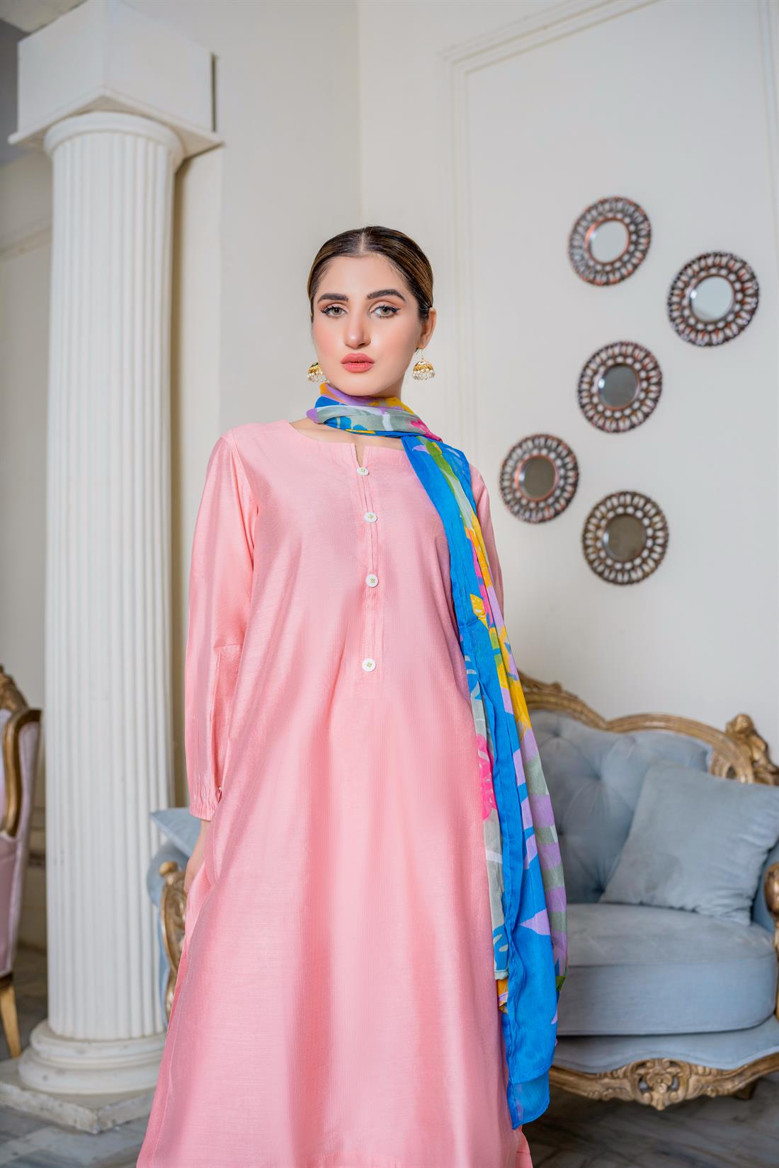 Blush Pink Digital Print Chiffon Ladies Readymade