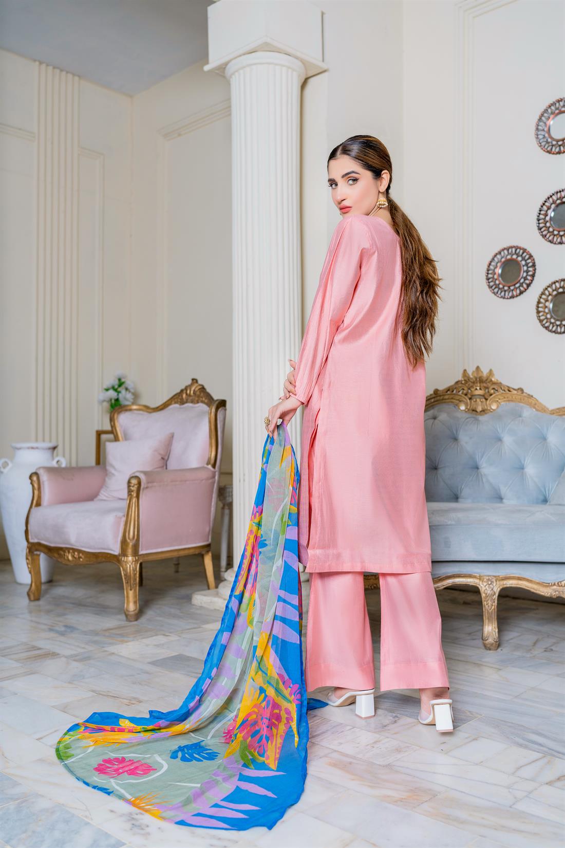 Blush Pink Digital Print Chiffon Ladies Readymade