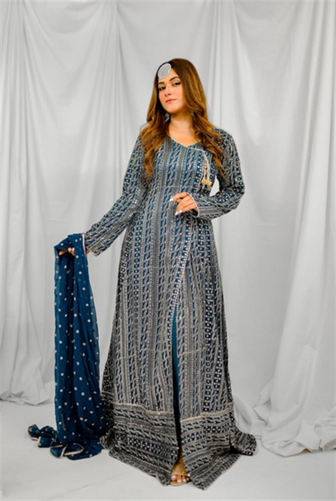 Teal Blue 3 Piece Stitched Chiffon Heavy Embroidered Dress