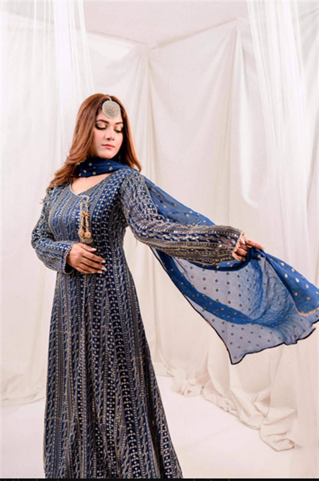 Teal Blue 3 Piece Stitched Chiffon Heavy Embroidered Dress