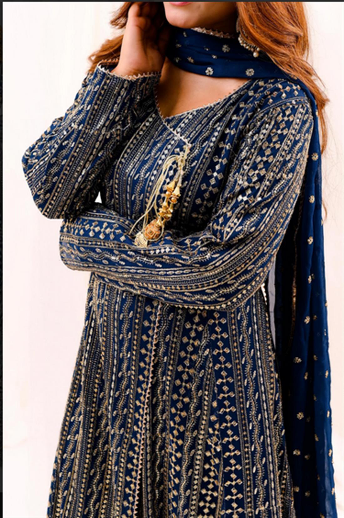 Teal Blue 3 Piece Stitched Chiffon Heavy Embroidered Dress