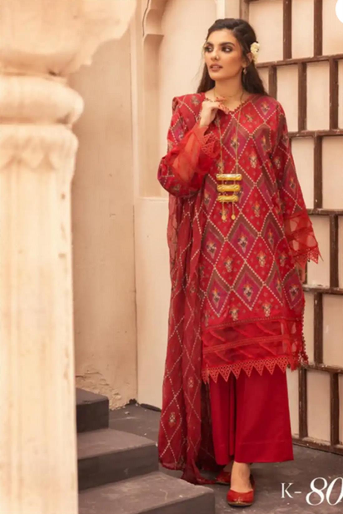 Dark Red Embroidered Chiffon Ladies Readymade