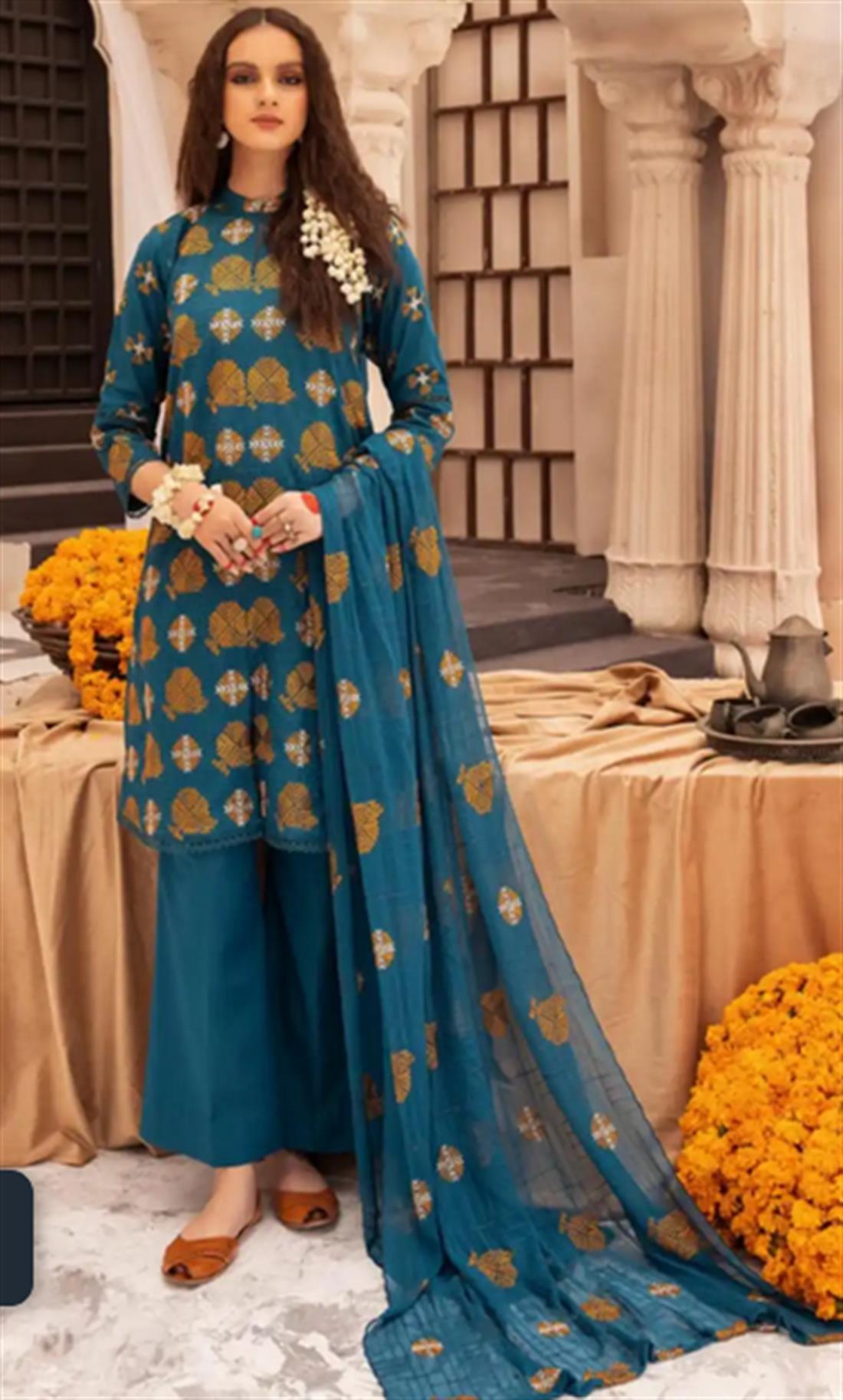 Teal Blue Embroidered Chiffon Ladies Readymade