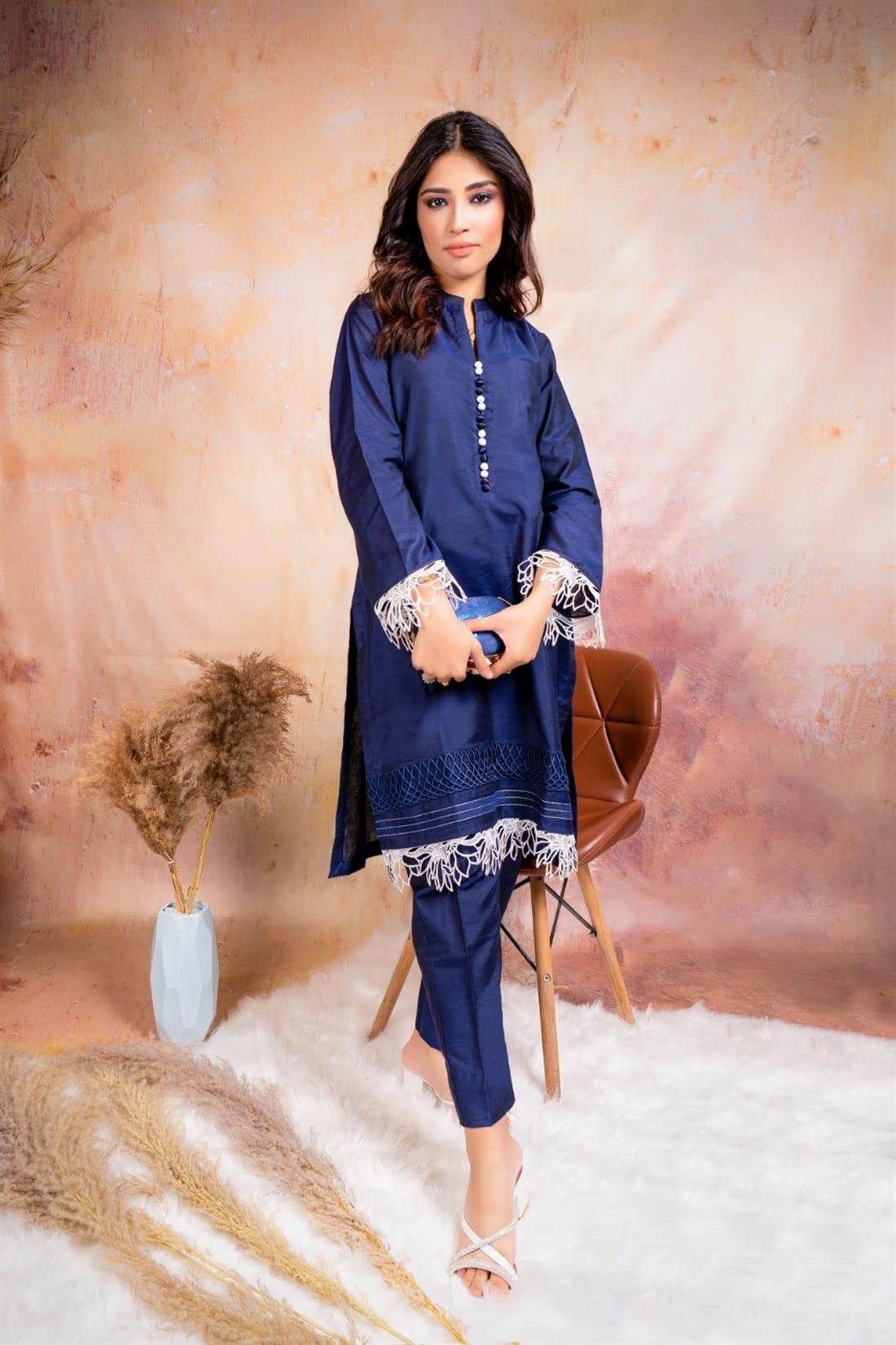 Navy Blue Organza Tussar Silk Two-piece Set