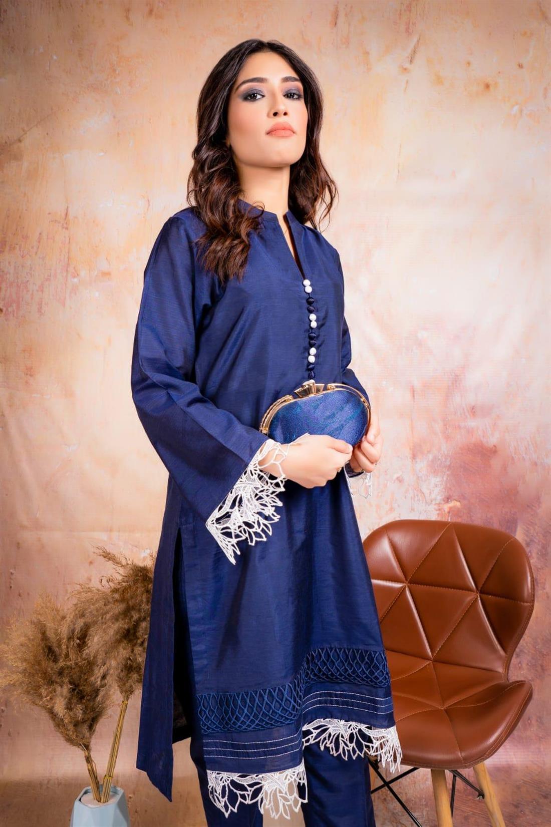 Navy Blue Organza Tussar Silk Two-piece Set
