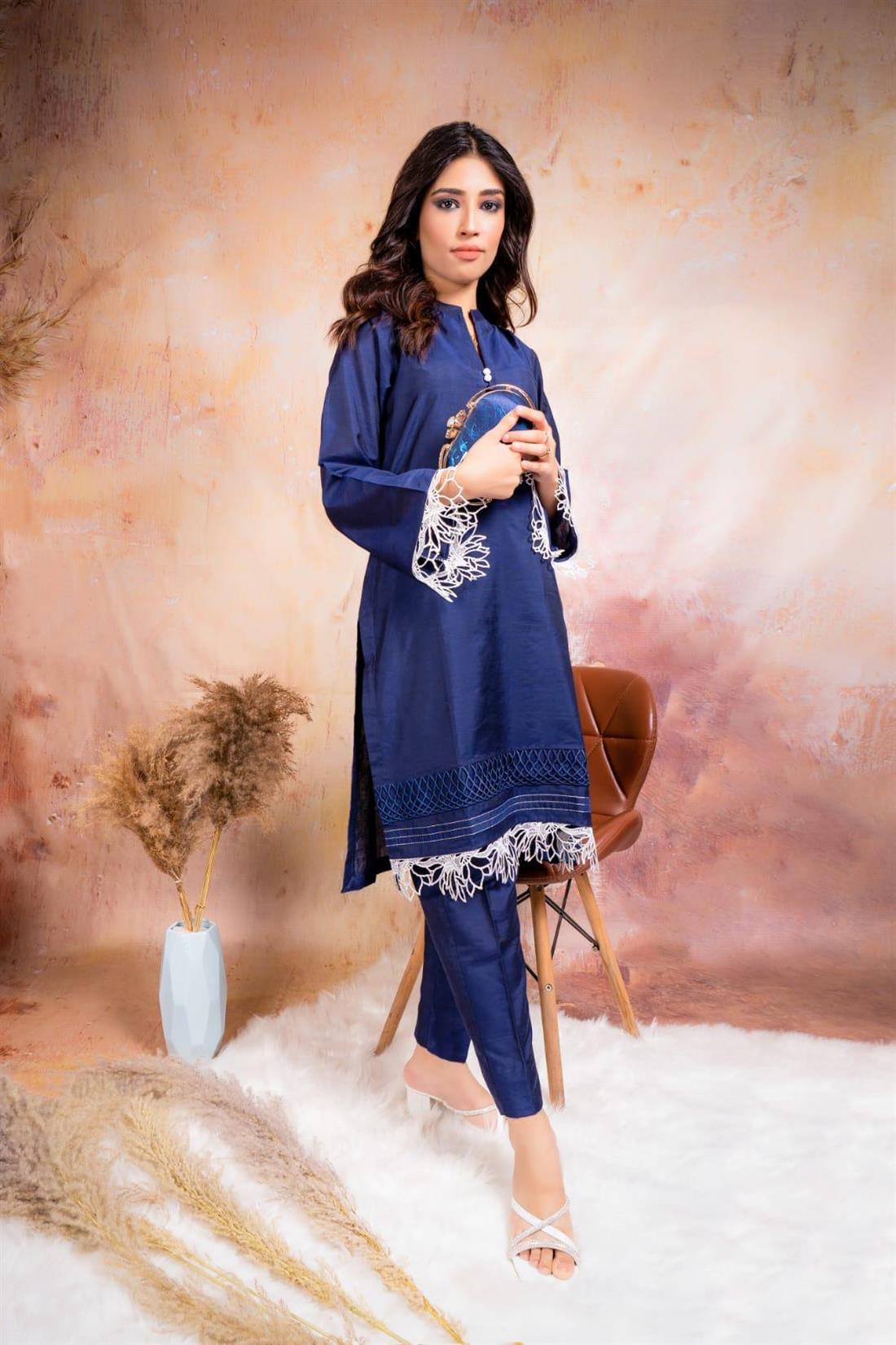 Navy Blue Organza Tussar Silk Two-piece Set