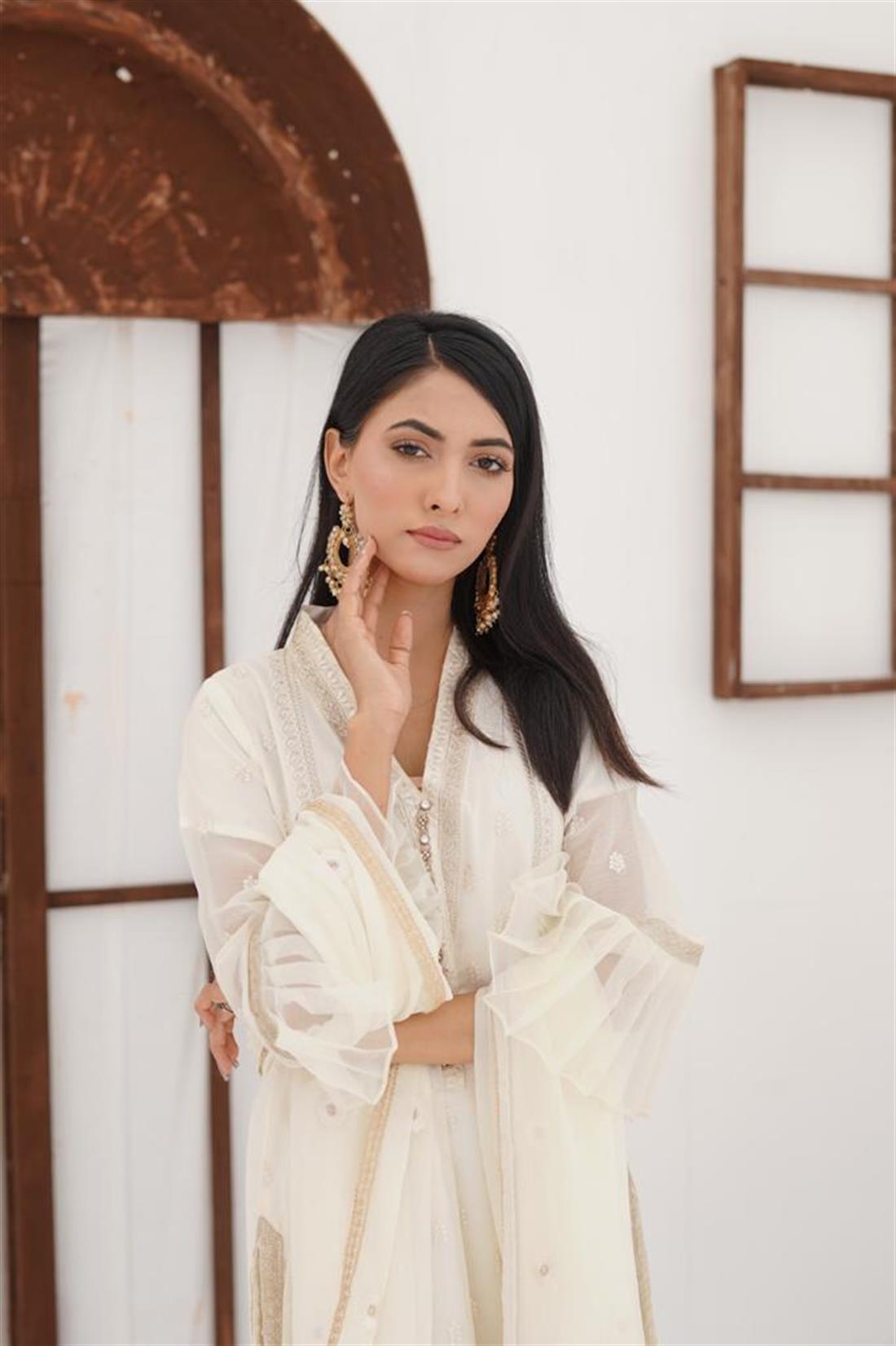 Cream Embroidered Chiffon 3 Piece Suit
