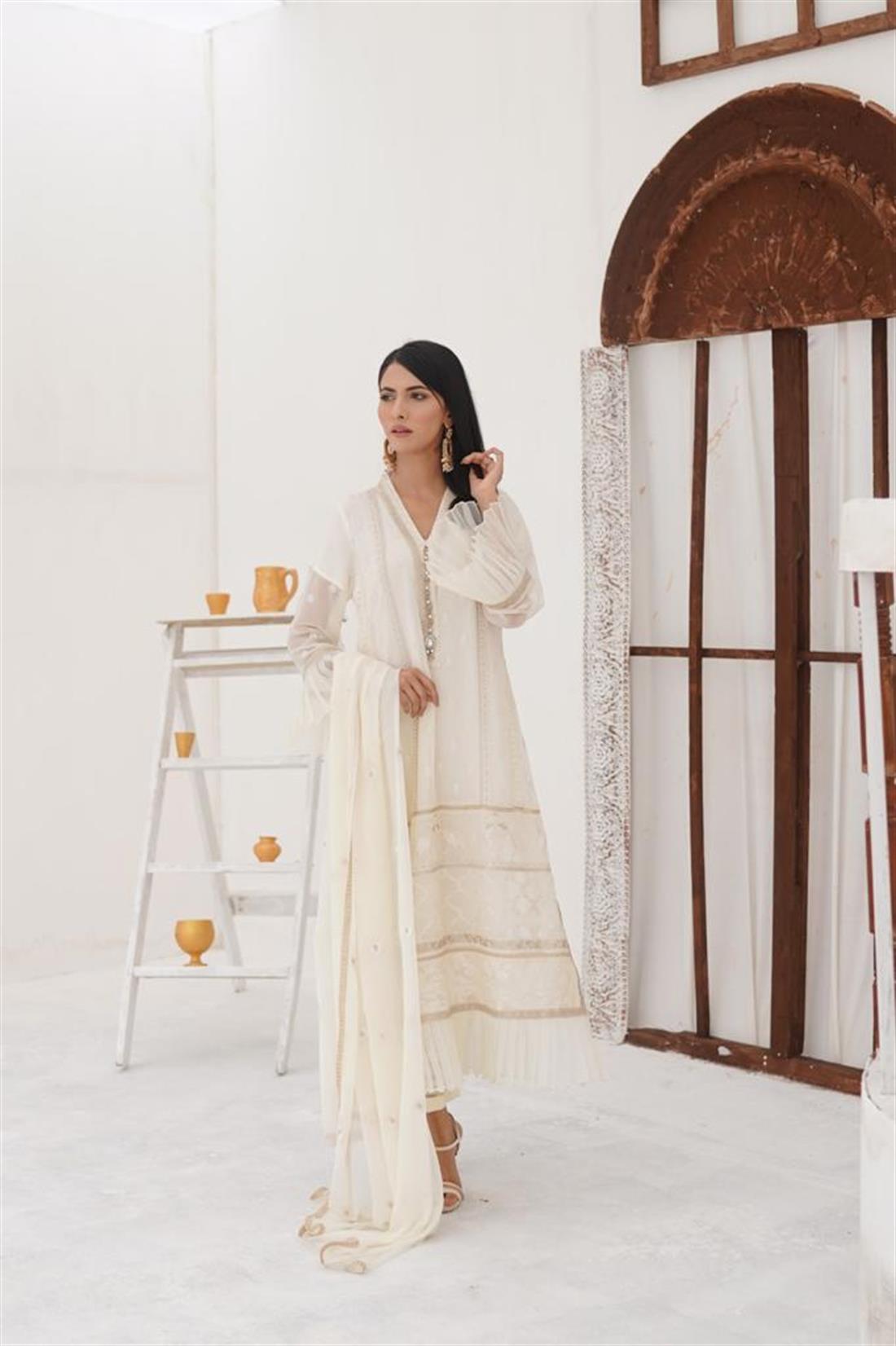 Cream Embroidered Chiffon 3 Piece Suit