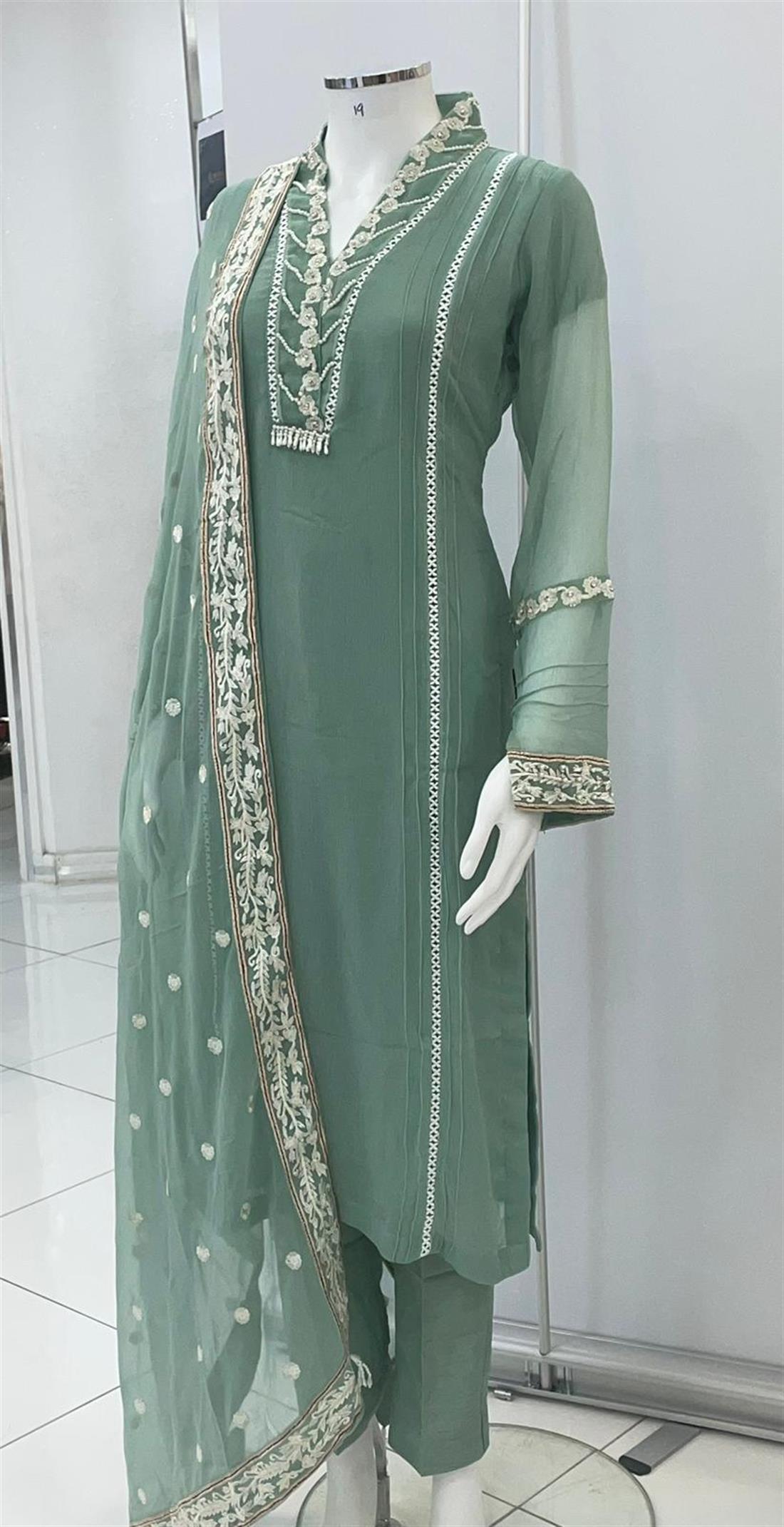 Mint Green Embroidered Chiffon 3-piece Suit