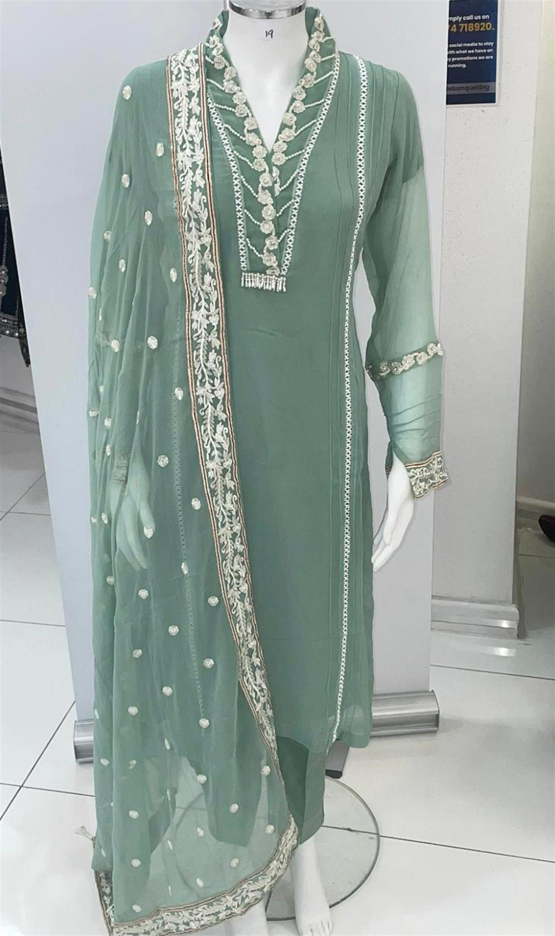 Mint Green Embroidered Chiffon 3-piece Suit