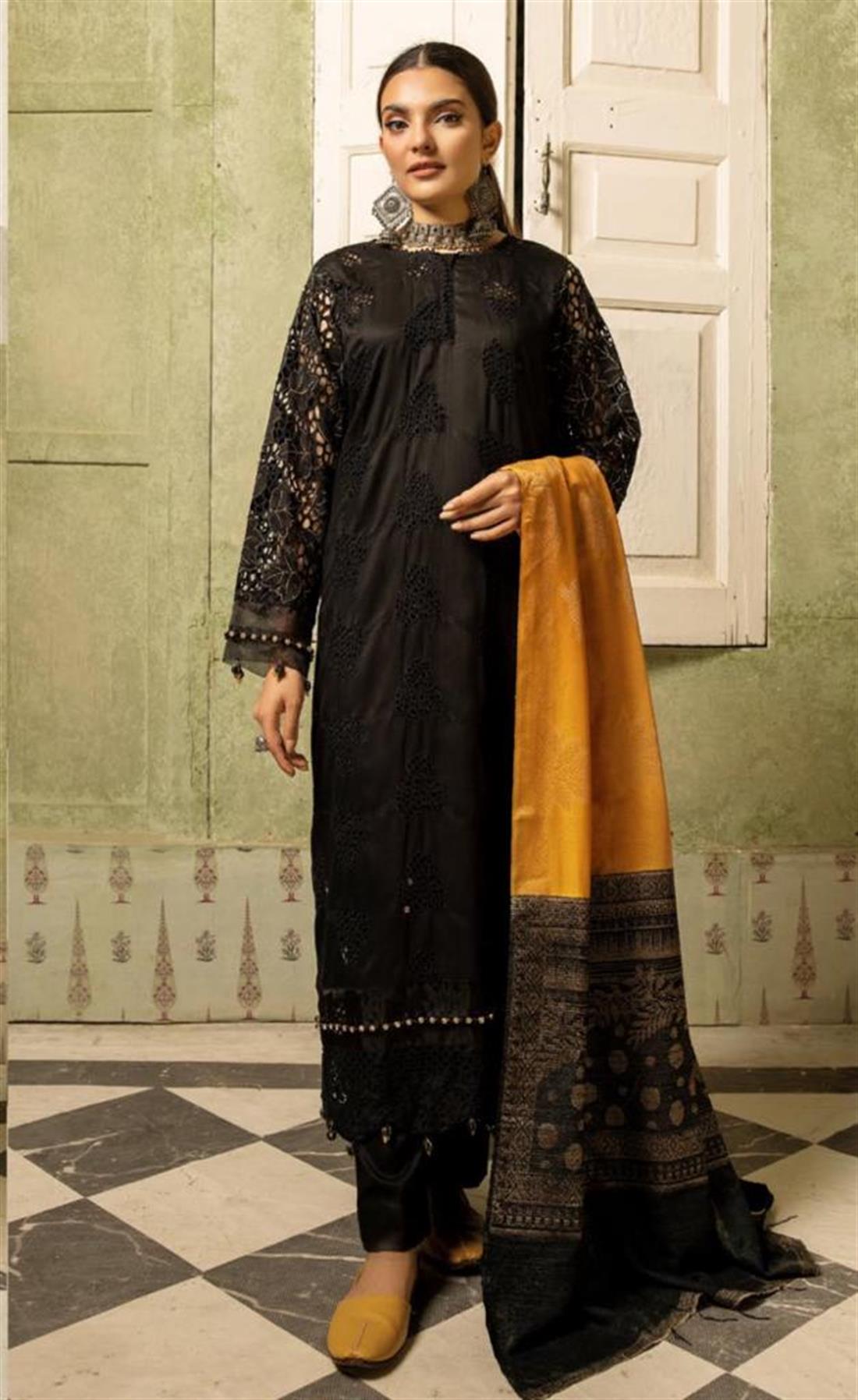 Black & Mustard Embroidered Velvet Ladies Readymade