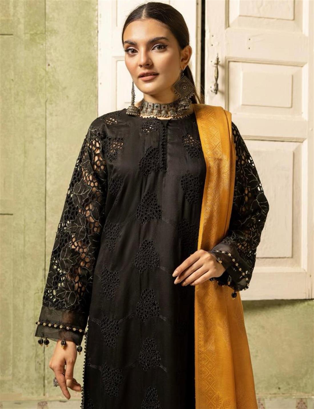 Black & Mustard Embroidered Velvet Ladies Readymade