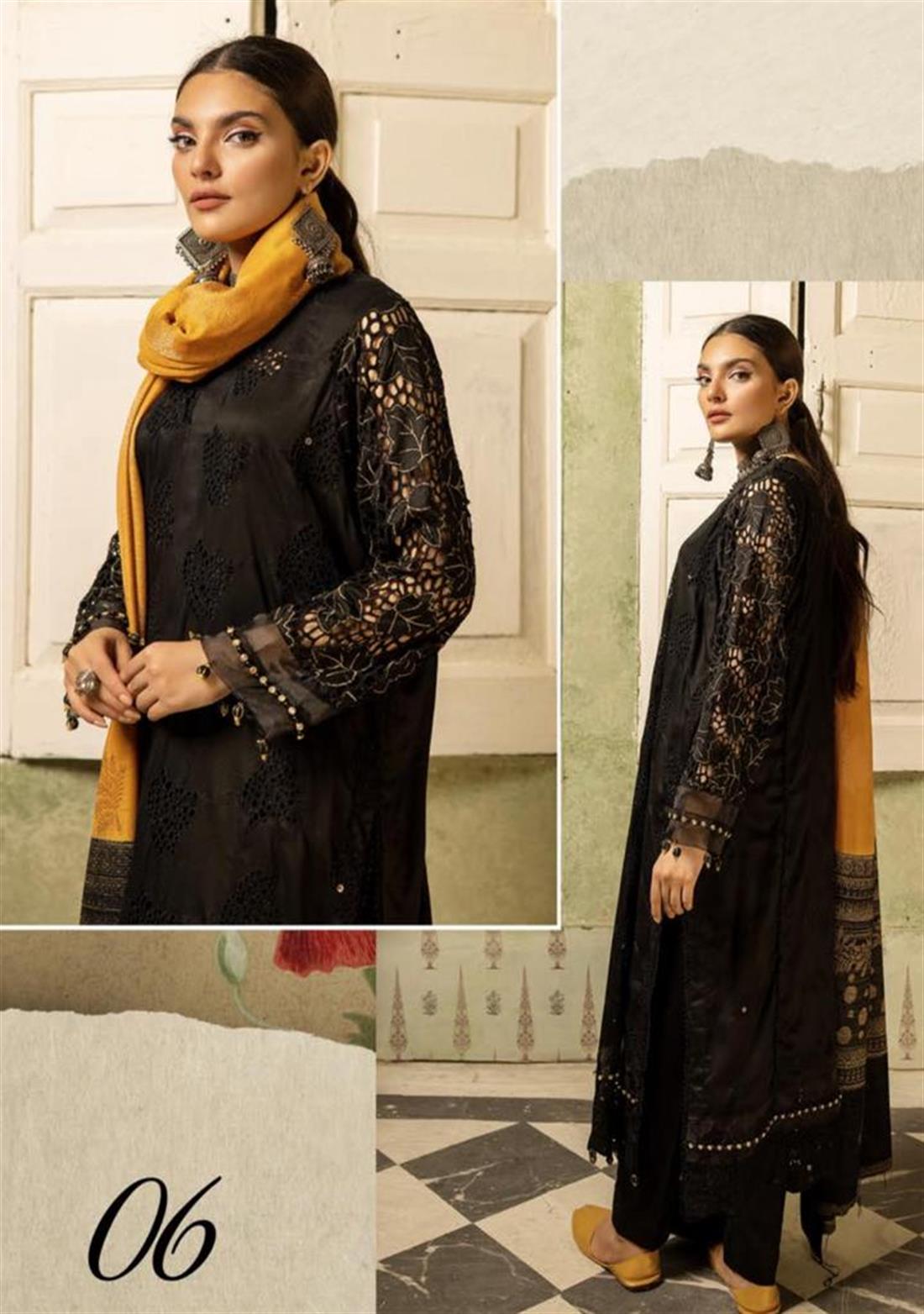 Black & Mustard Embroidered Velvet Ladies Readymade