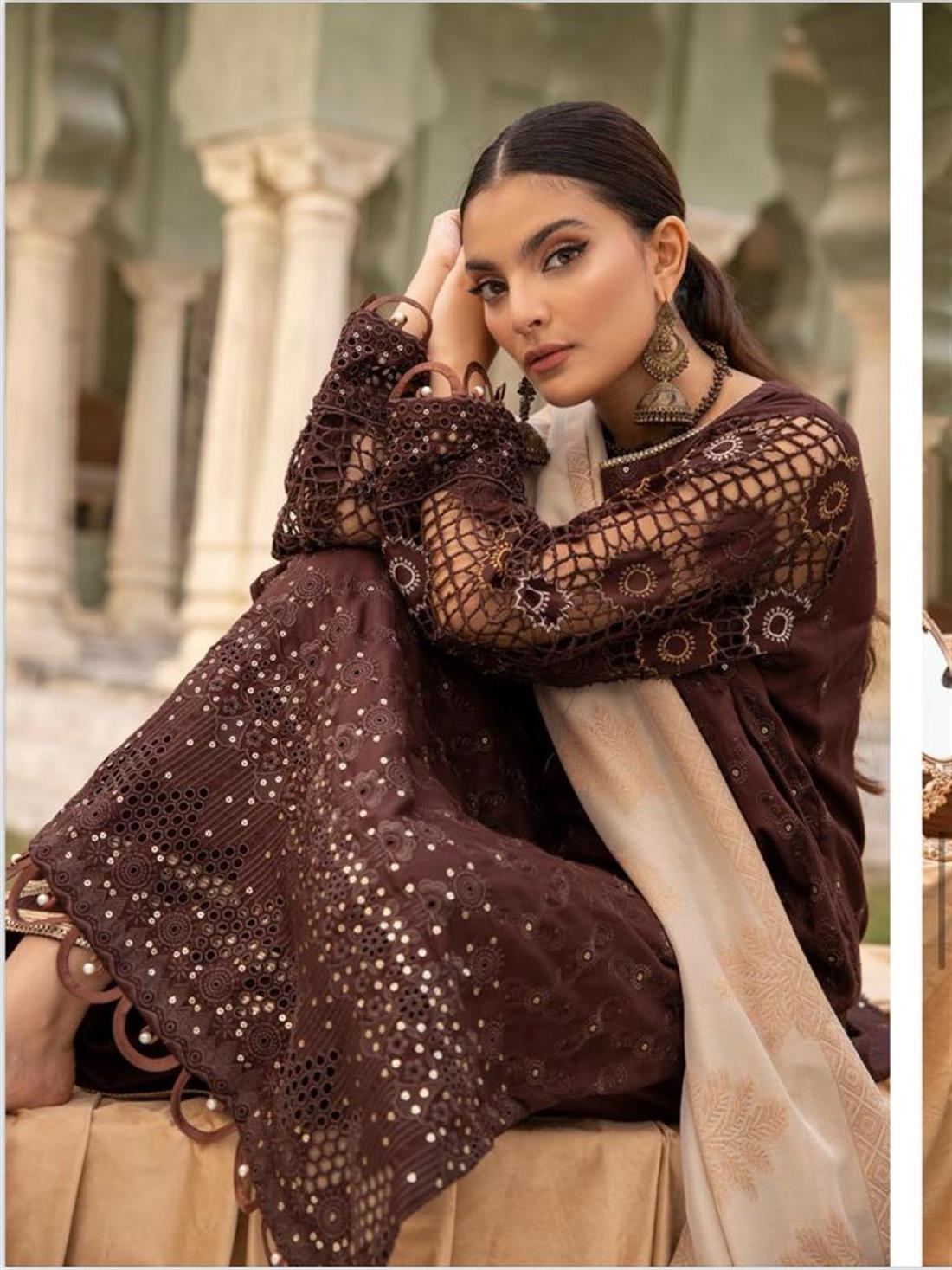 Brown Embroidered Velvet Ladies Readymade