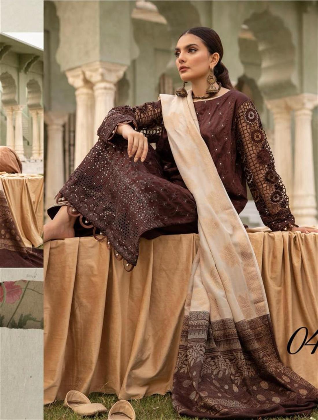 Brown Embroidered Velvet Ladies Readymade