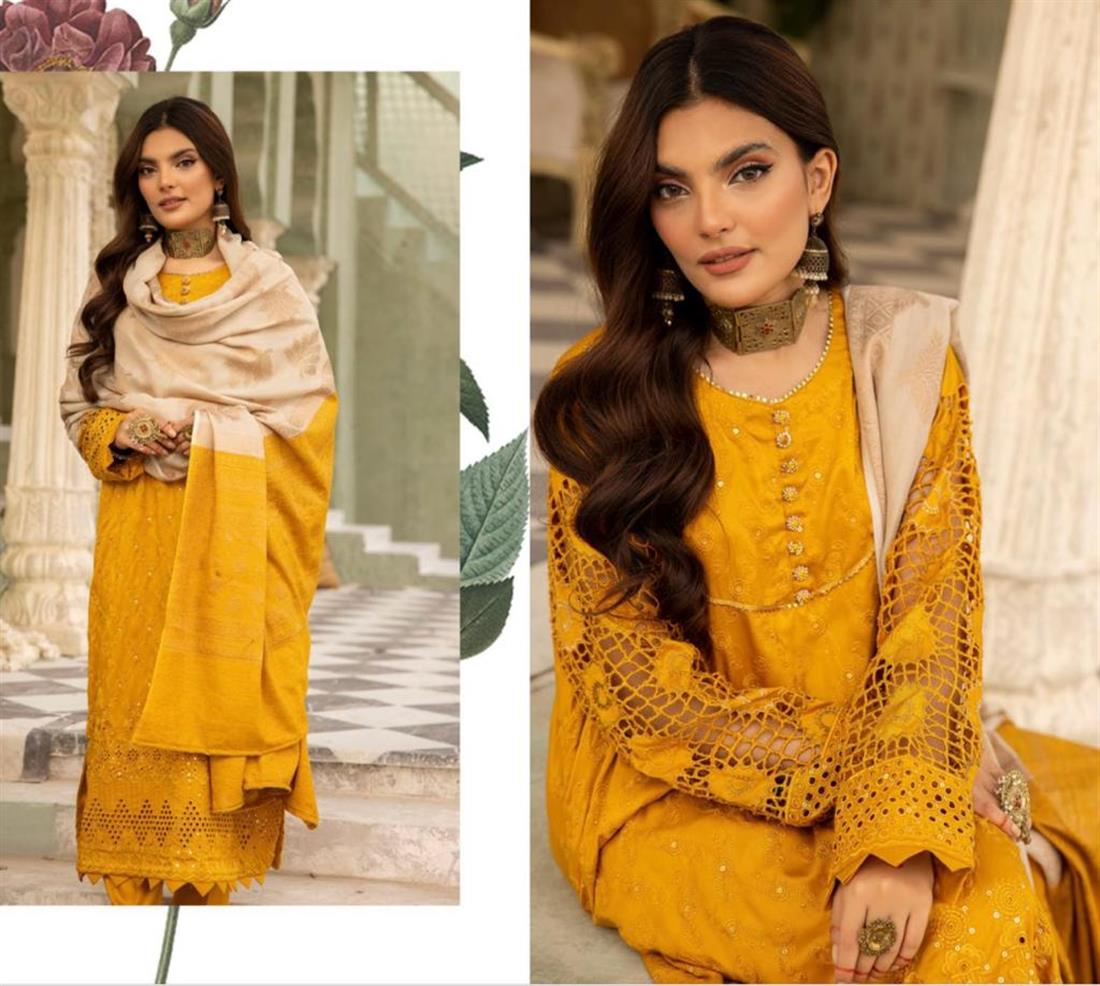 Mustard Embroidered Velvet Ladies Readymade