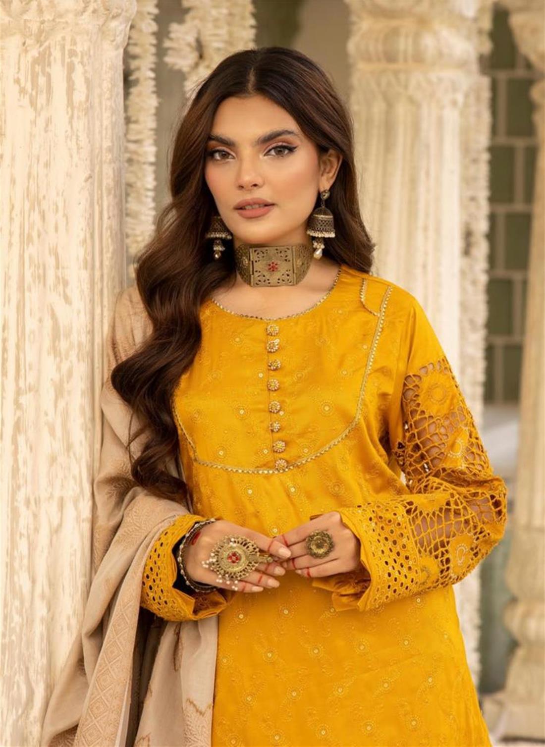 Mustard Embroidered Velvet Ladies Readymade