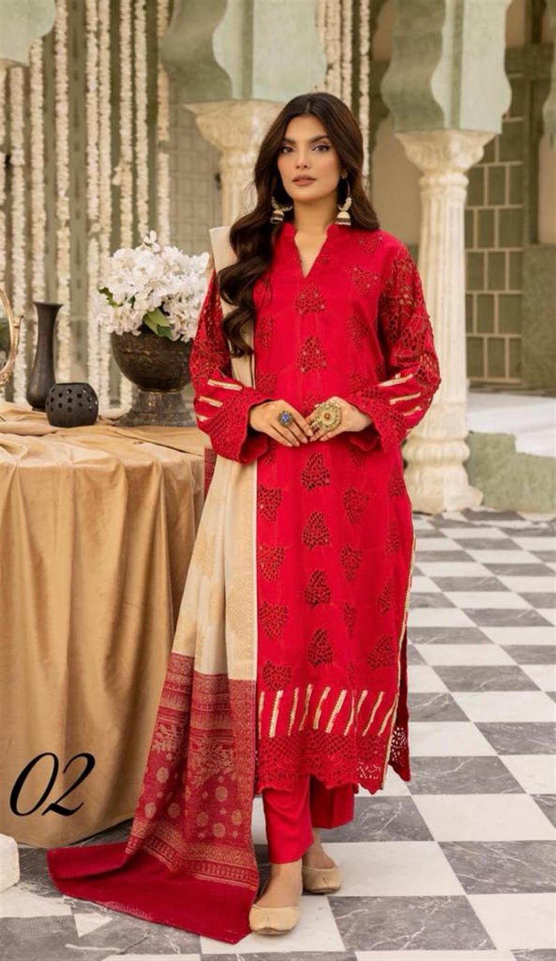 Reddish Pink Embroidered Velvet Ladies Readymade
