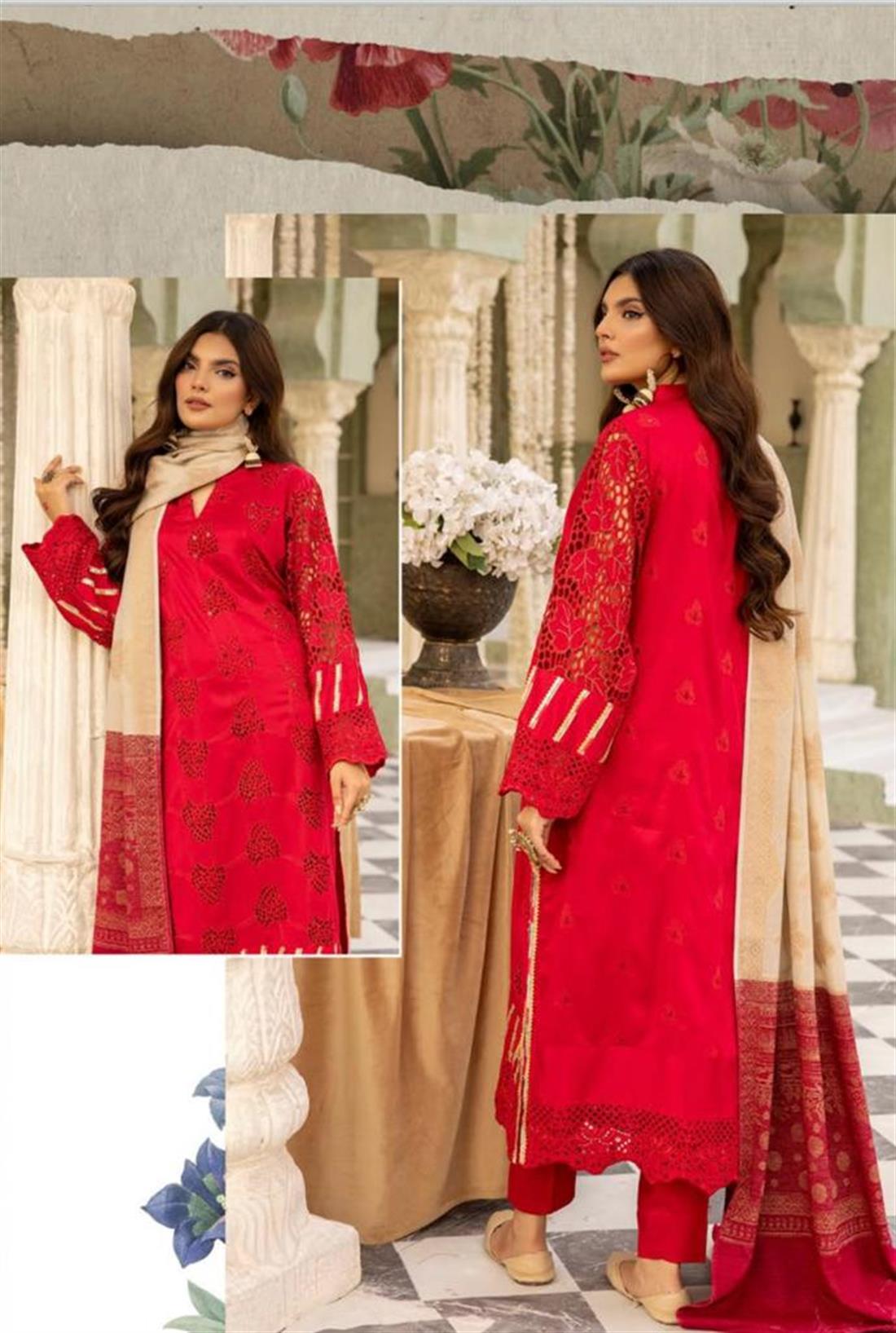 Reddish Pink Embroidered Velvet Ladies Readymade