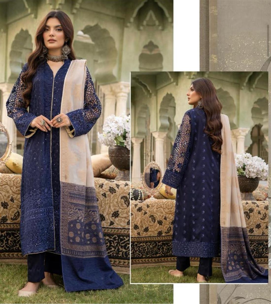 Blue Embroidered Velvet Ladies Readymade