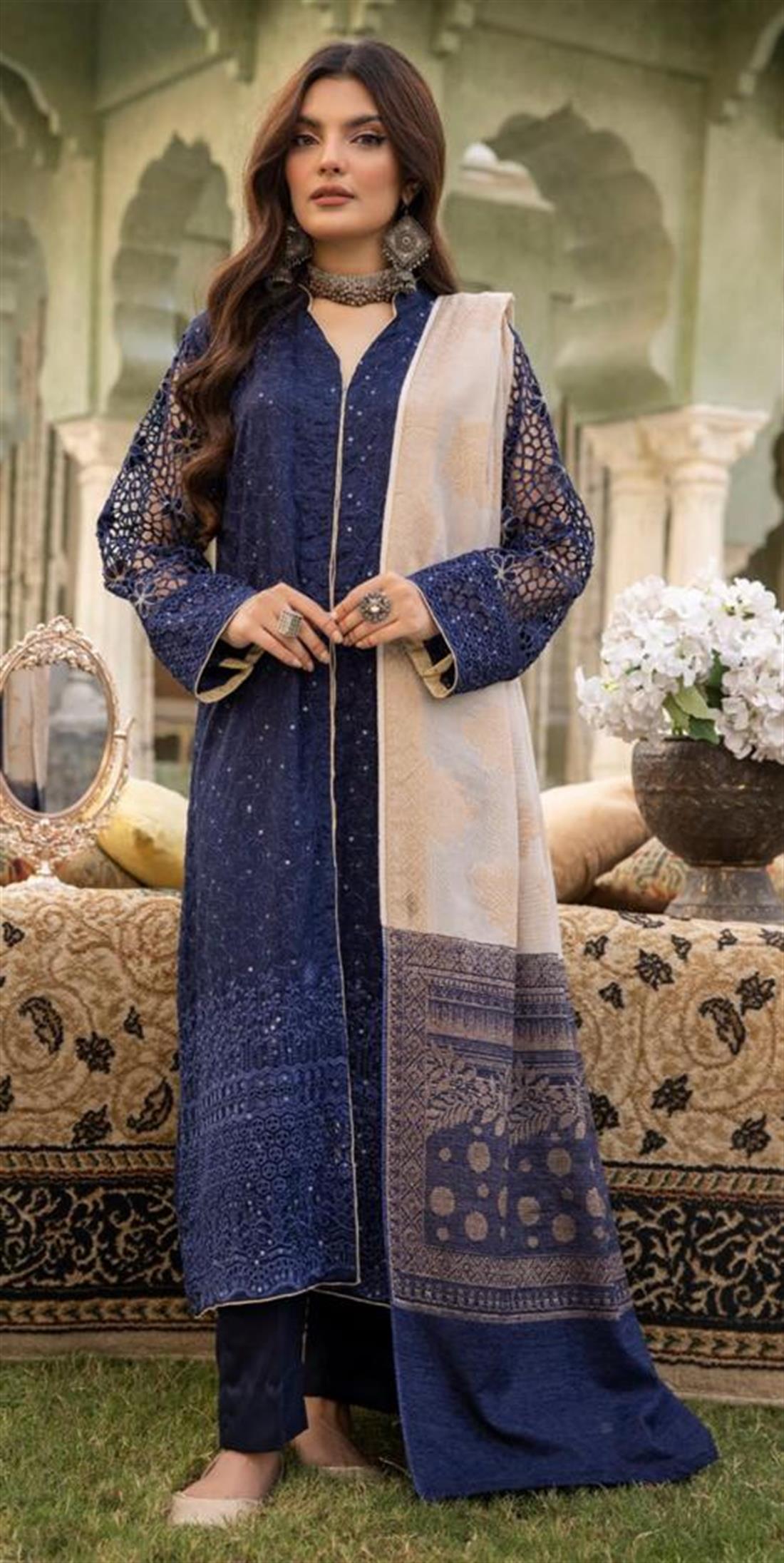 Blue Embroidered Velvet Ladies Readymade
