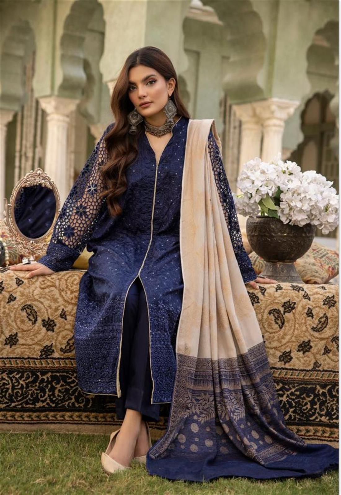 Blue Embroidered Velvet Ladies Readymade