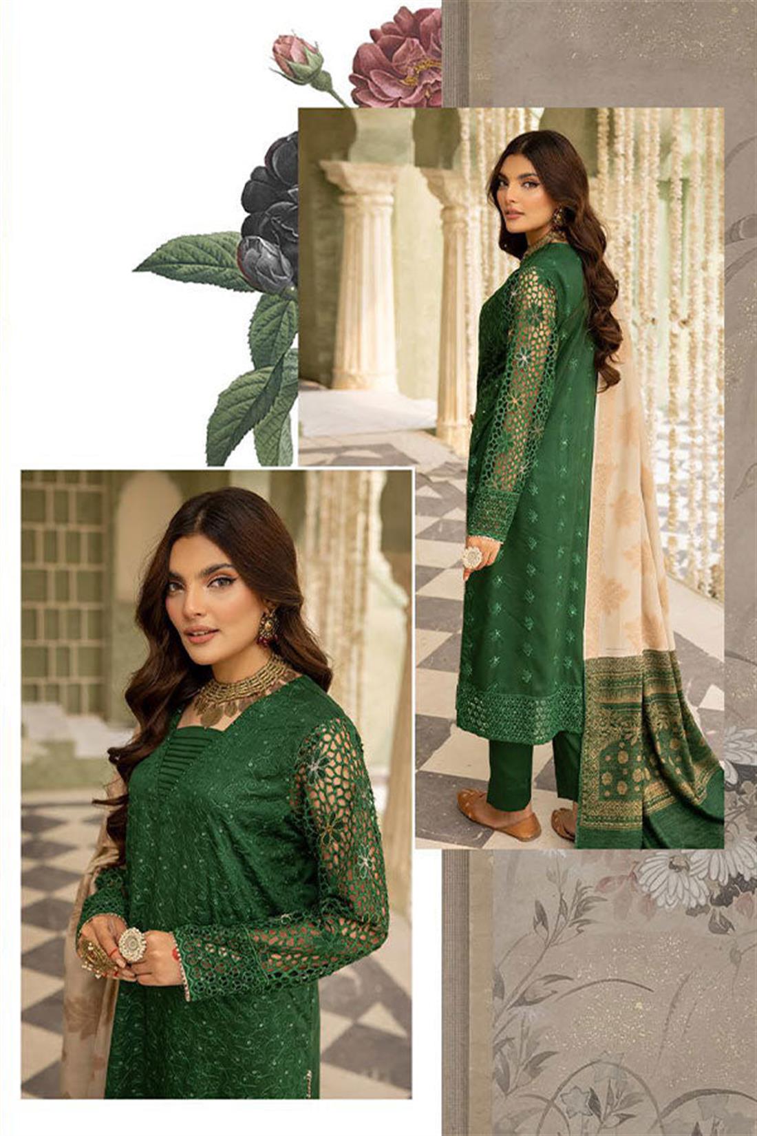 Green Embroidered Velvet Ladies Readymade