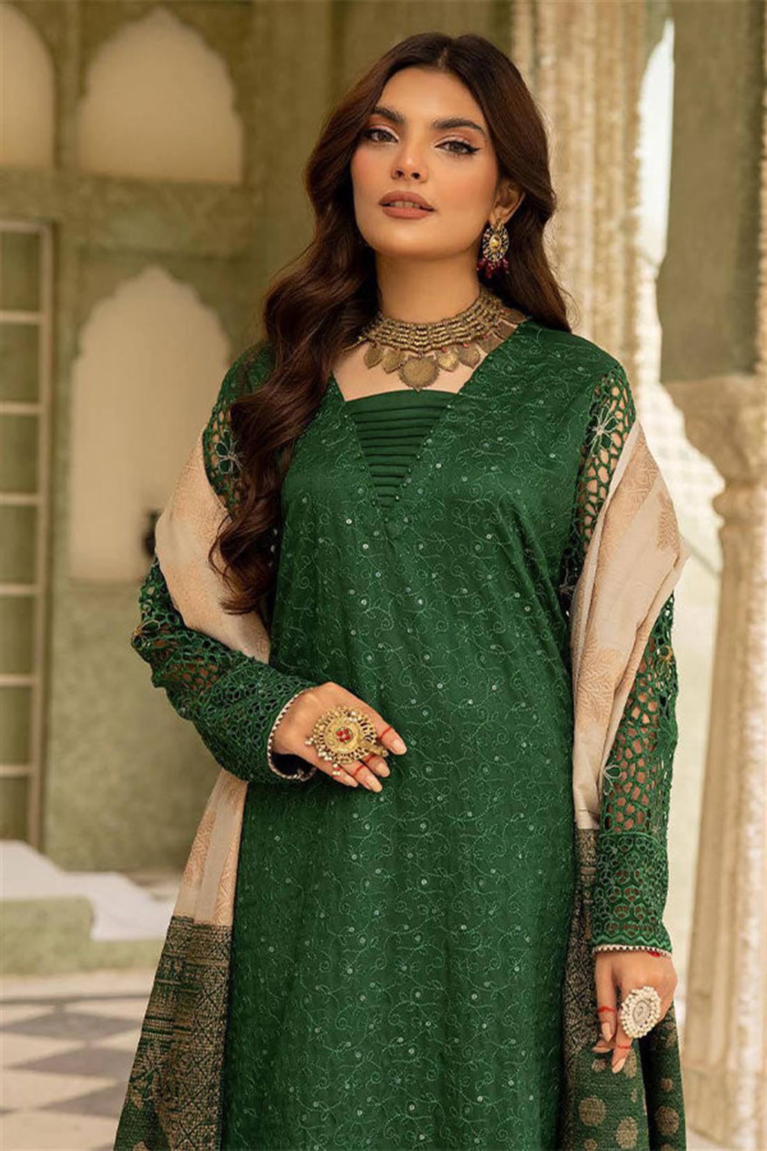 Green Embroidered Velvet Ladies Readymade