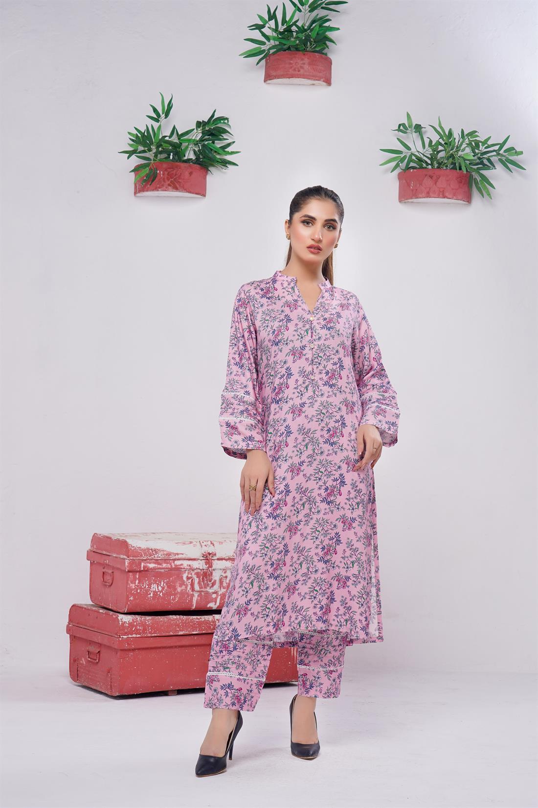 Pink & Multicolour Digital Print Winter Collection:linen Two Piece
