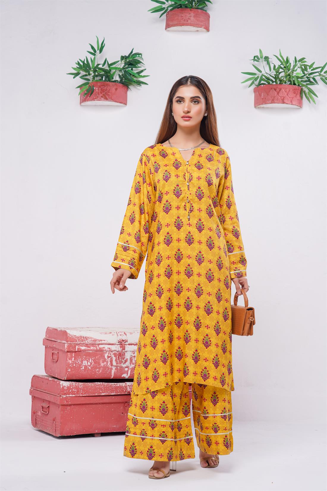 Mustard & Multicolour Digital Print Winter Collection:linen Two Piece
