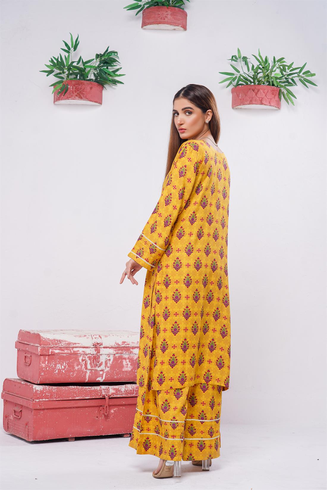 Mustard & Multicolour Digital Print Winter Collection:linen Two Piece