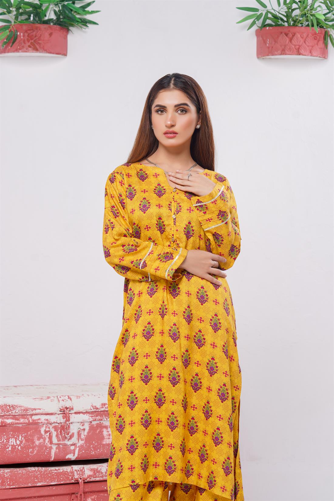 Mustard & Multicolour Digital Print Winter Collection:linen Two Piece