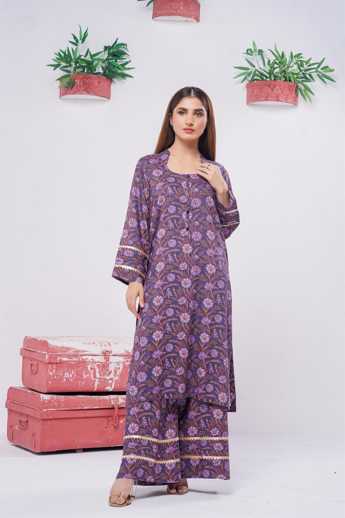 Purple & Multicolour Digital Print Winter Collection:linen Two Piece