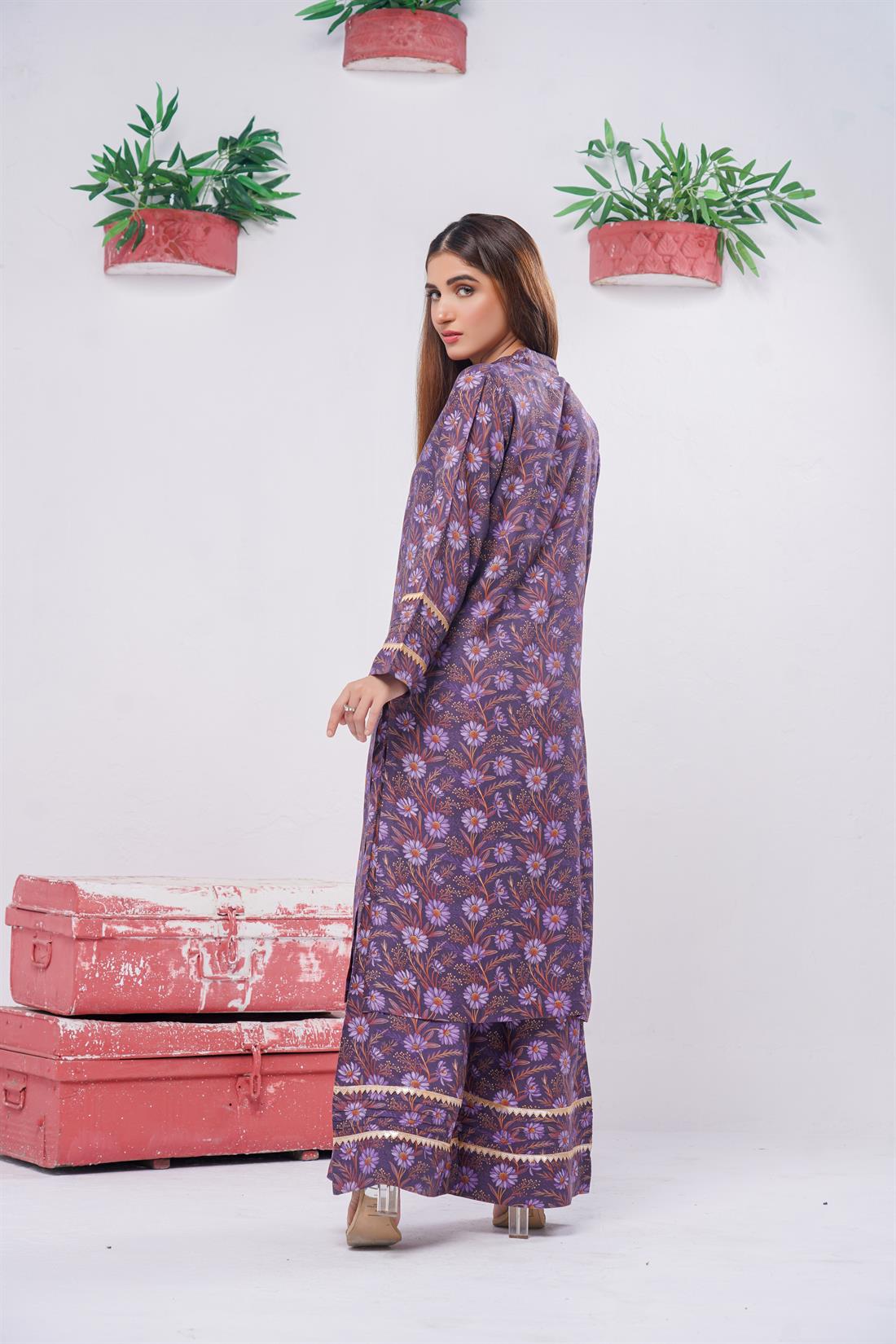 Purple & Multicolour Digital Print Winter Collection:linen Two Piece