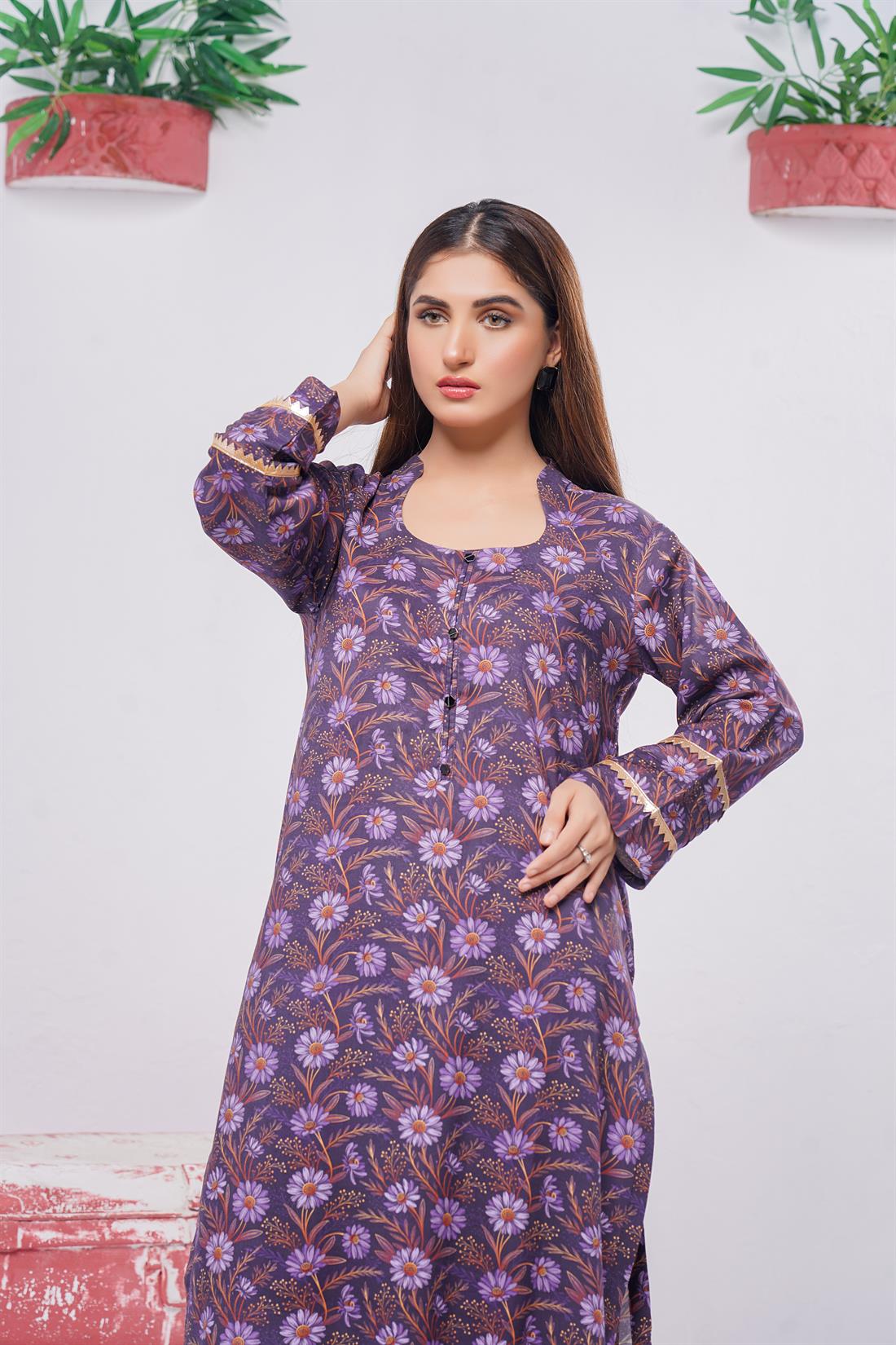Purple & Multicolour Digital Print Winter Collection:linen Two Piece