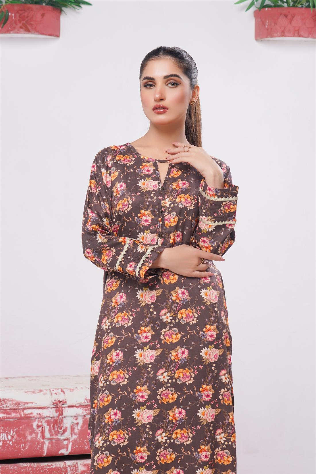 Brown & Multicolour Digital Print Winter Collection: Linen Two-piece
