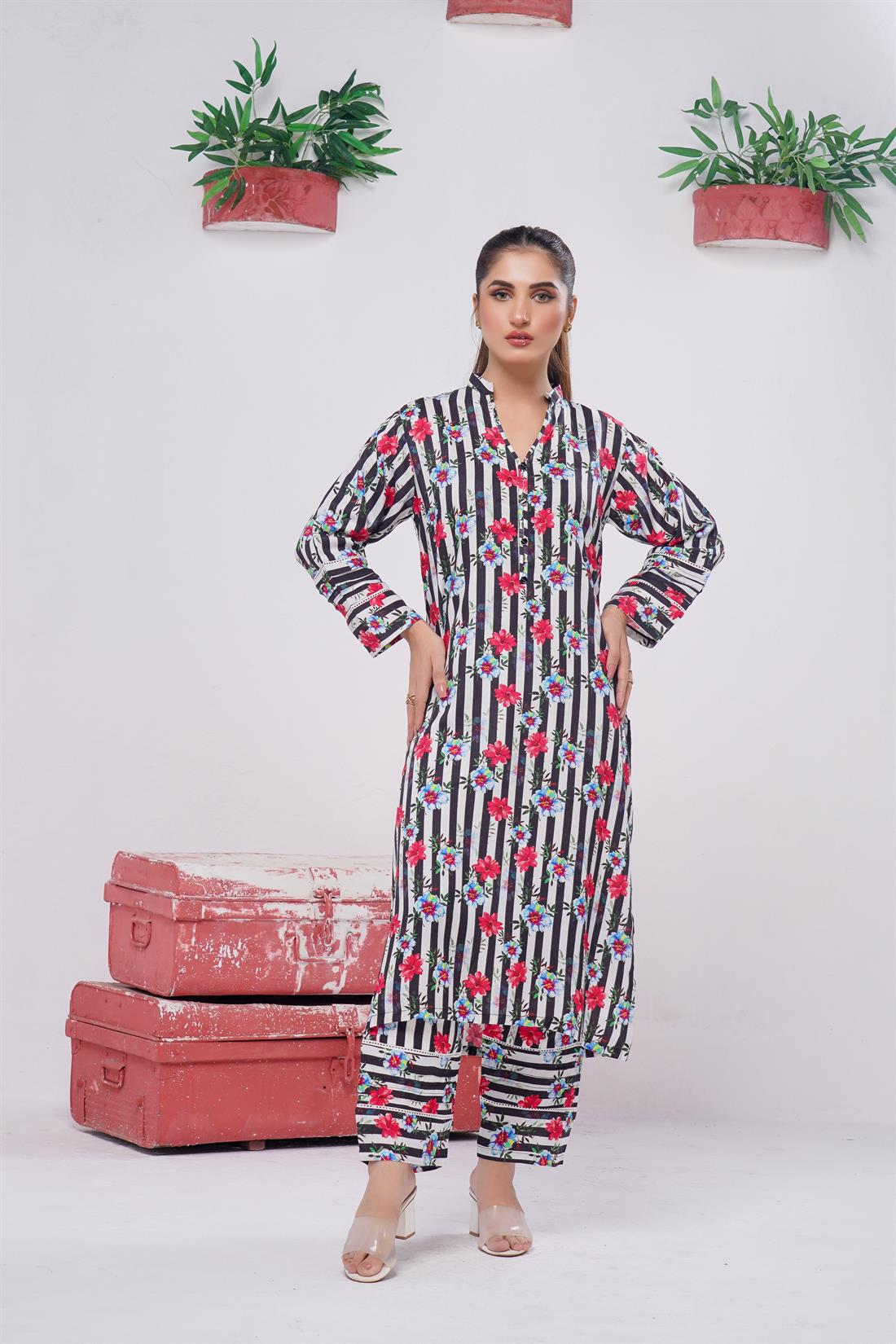 Black & Multicolour Digital Print Winter Collection: Linen Two-piece