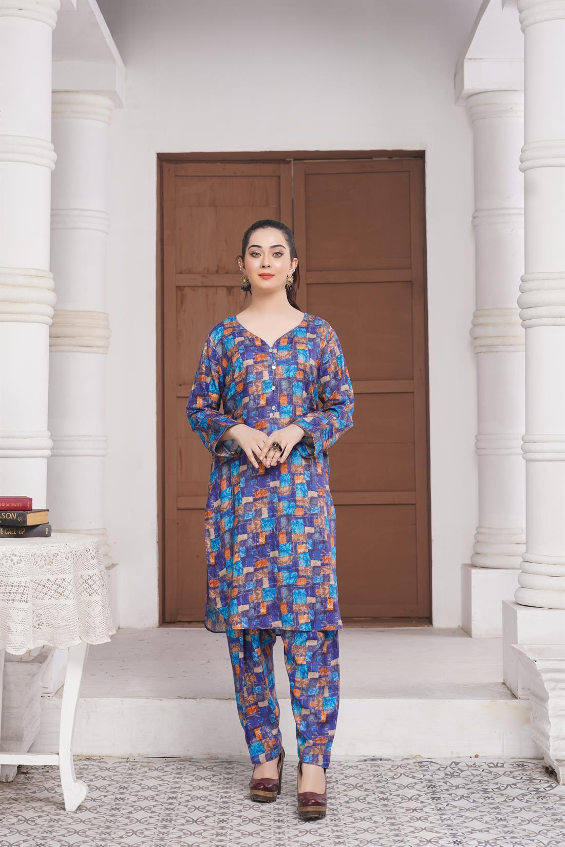 Blue Digital Print Linen Ladies Readymade