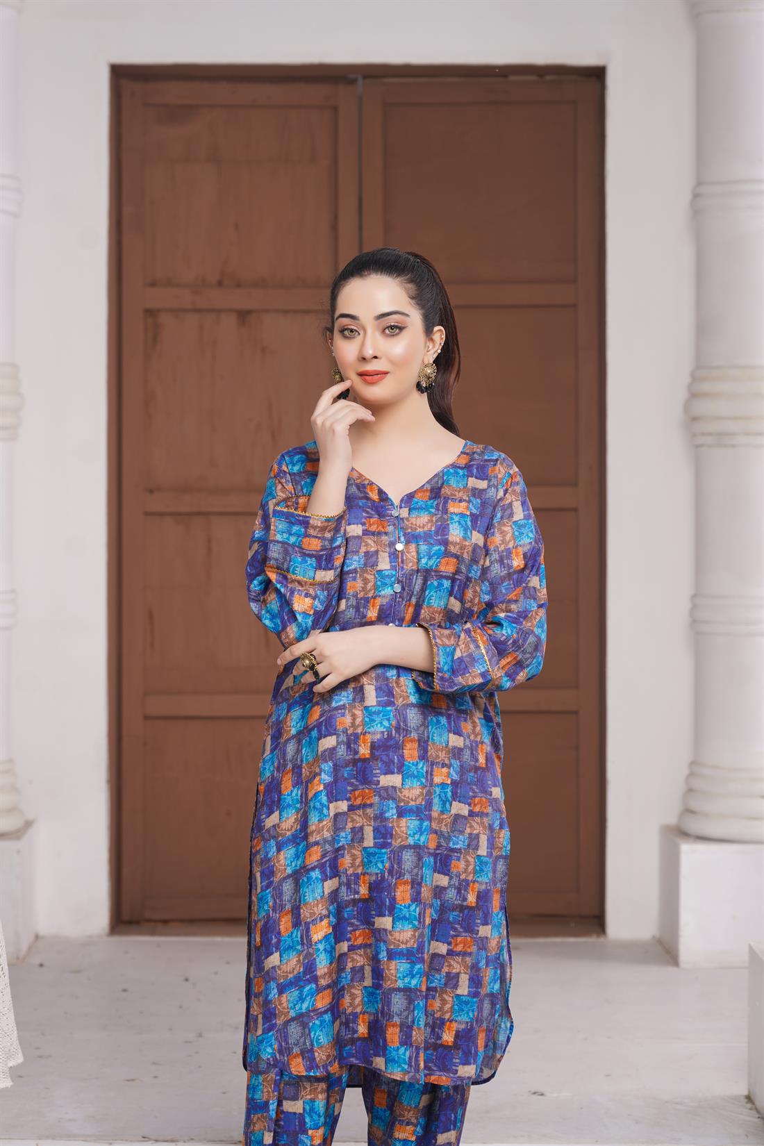 Blue Digital Print Linen Ladies Readymade